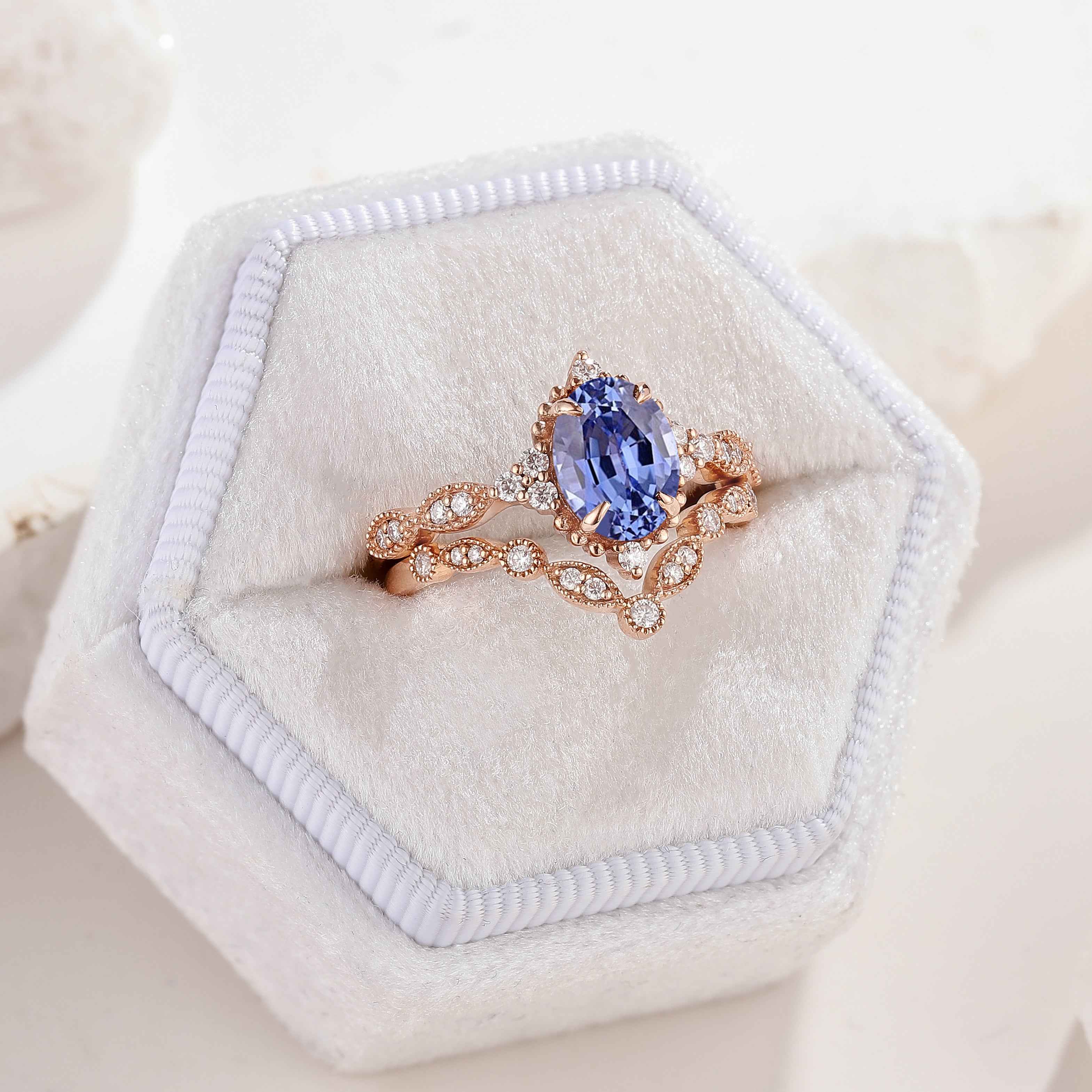 Oval Cut Lab Blue Sapphire Minimalist Engagement Ring 2pcs