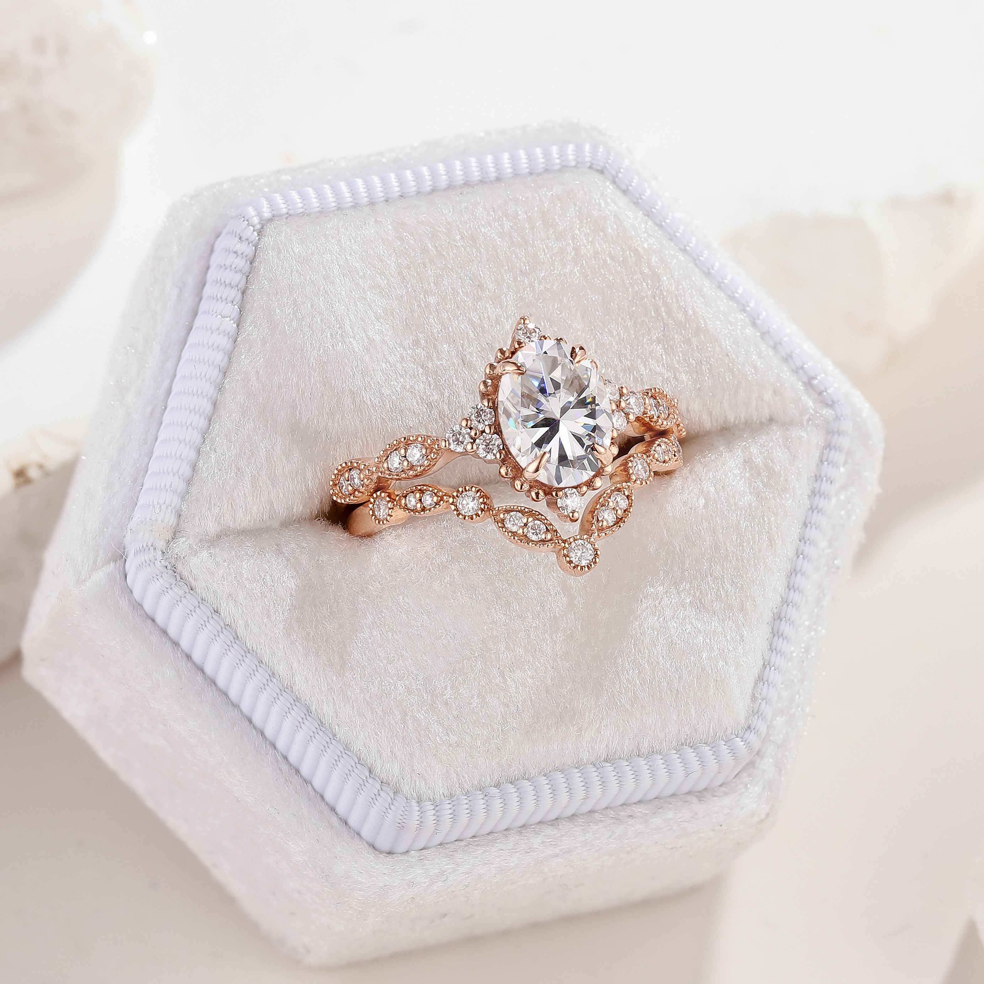 Oval Cut Moissanite Engagement Ring Set V Shaped Moissanite Wedding Band