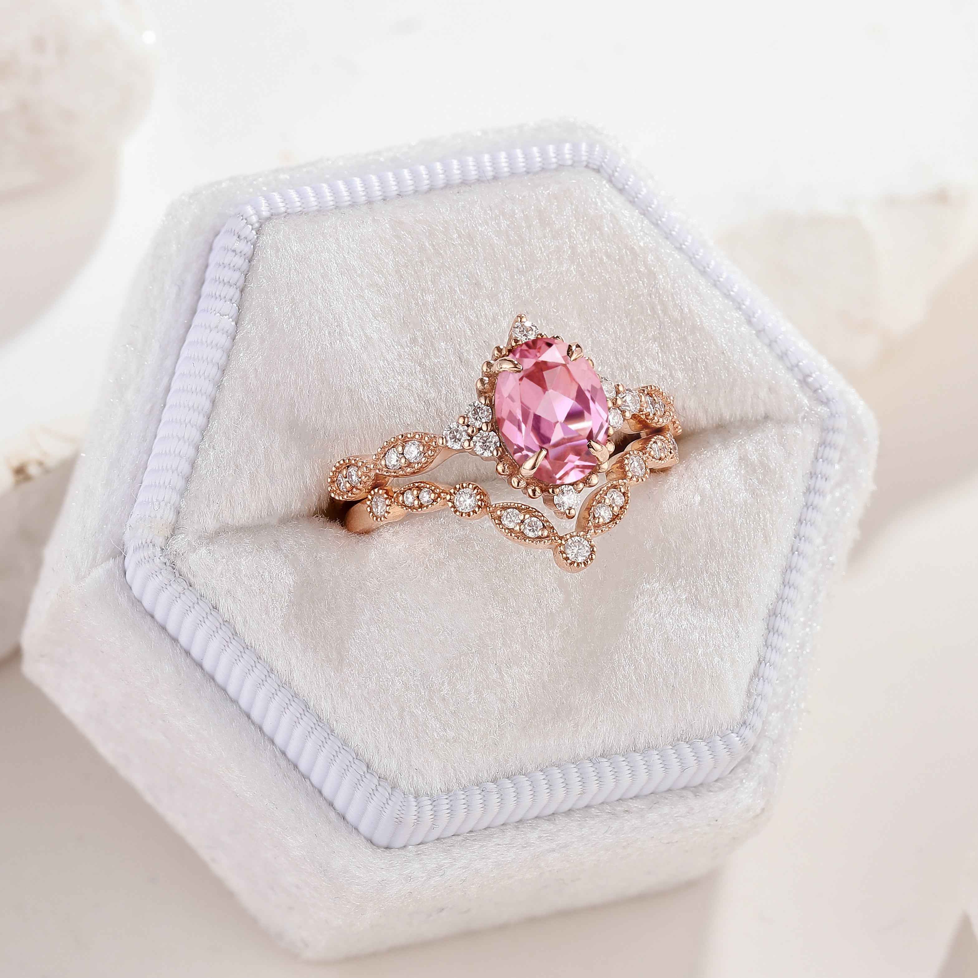 Oval Cut Lab Pink Sapphire Affordable Wedding Ring Set 2pcs