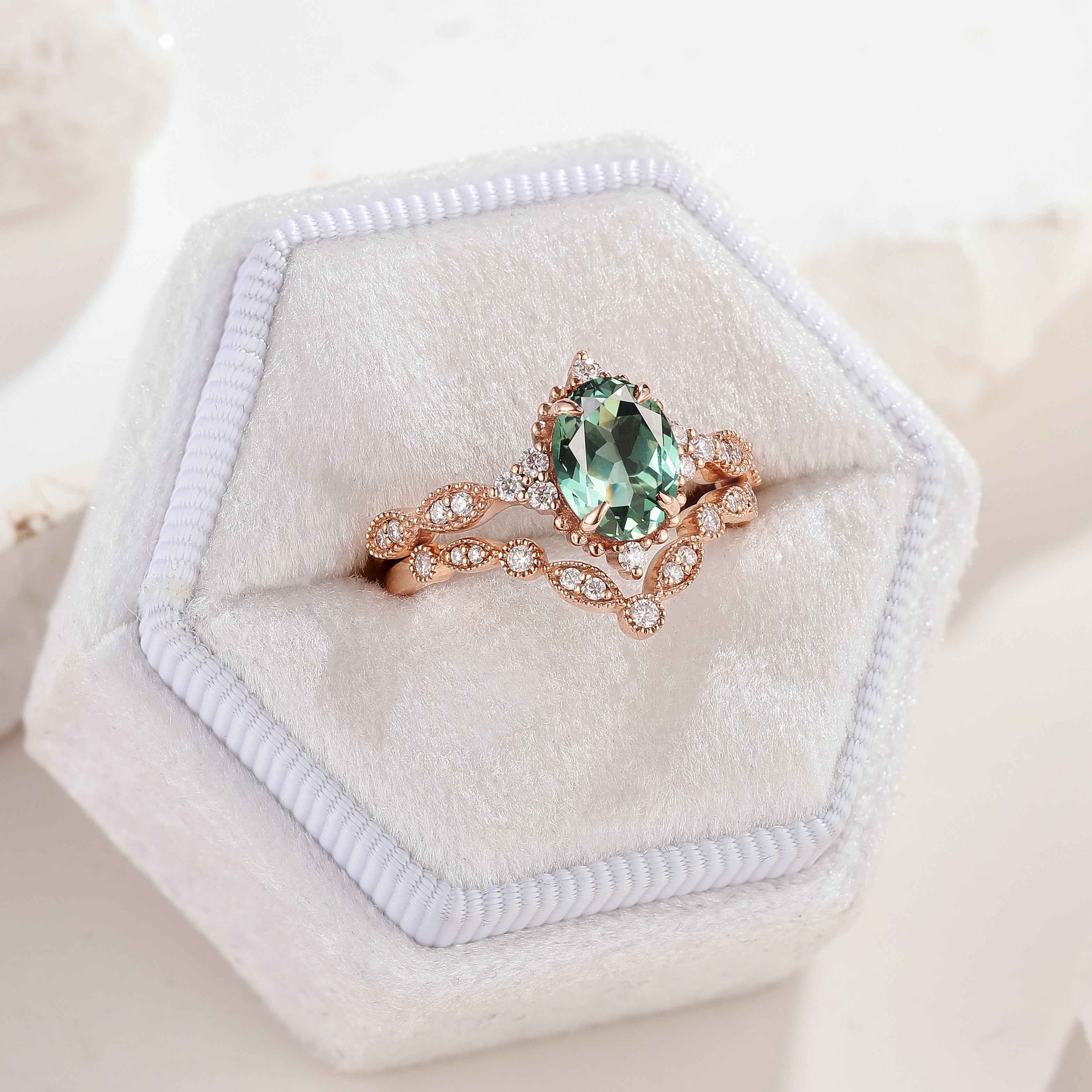 Oval Cut Lab Green Sapphire Engagement Ring Set V Shaped Wedding Band 2pcs
