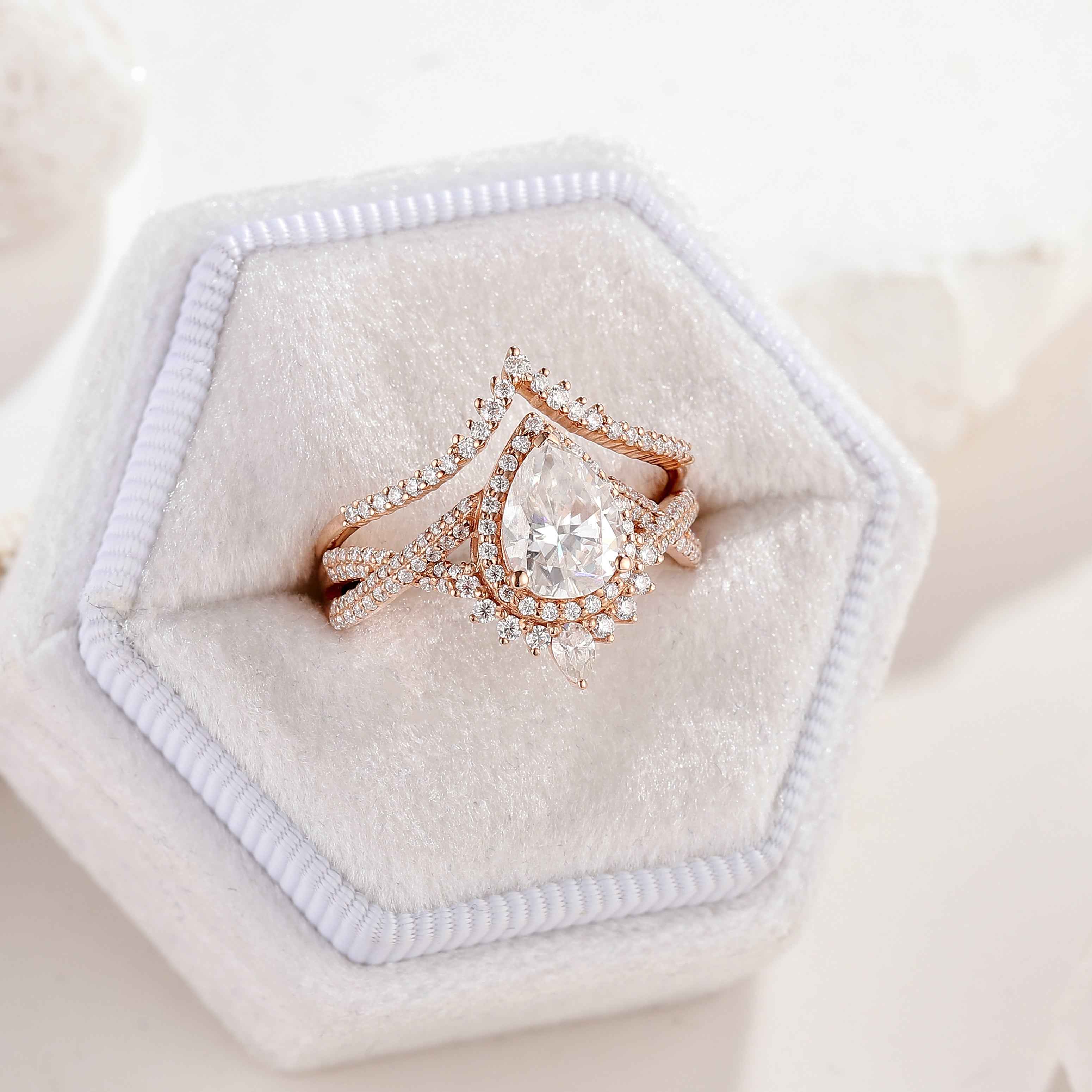 Unique Pear Cut Halo Infinity Twisted Moissanite Ring Bridal Set 2pcs