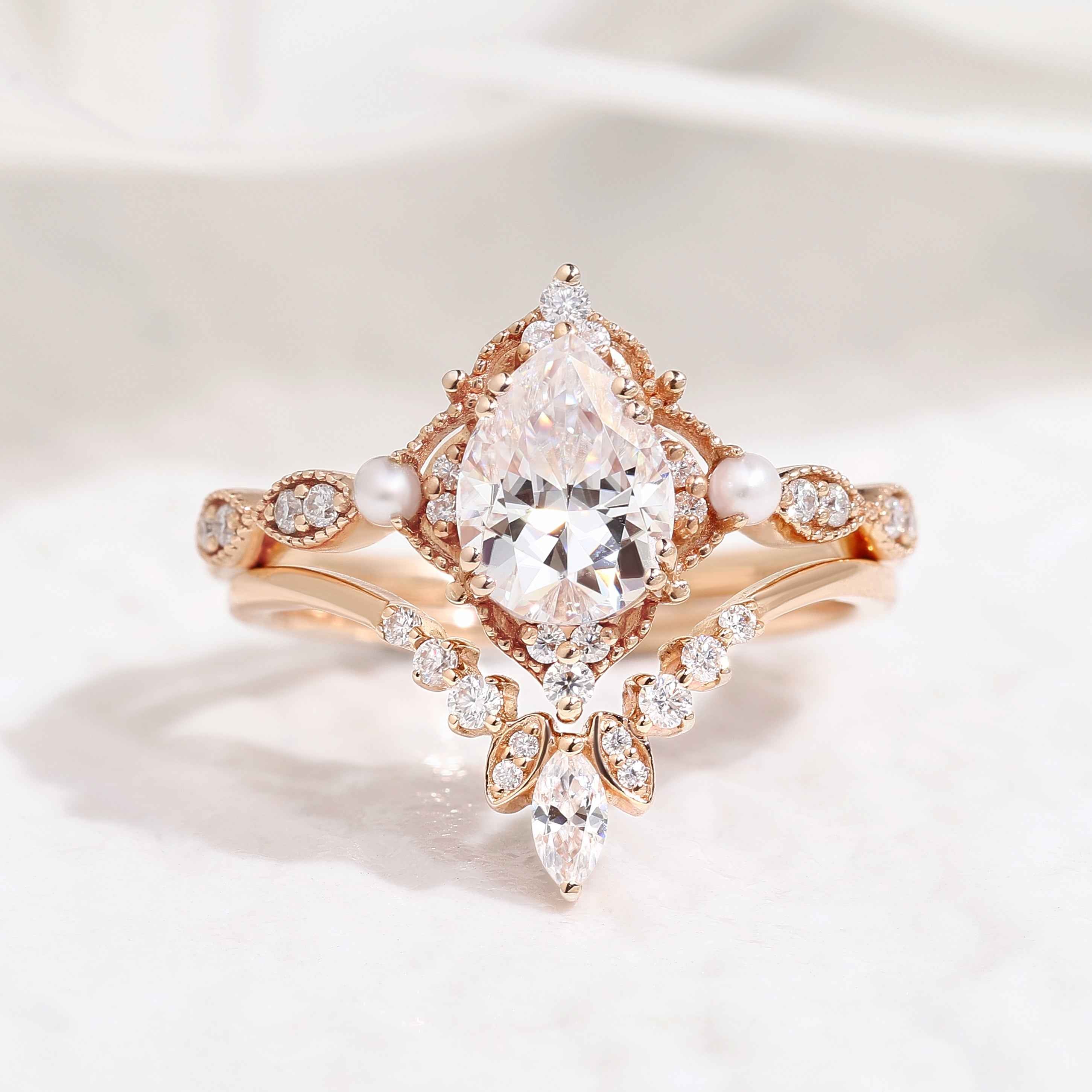Vintage Pearl and Moissanite Engagement Ring Set Moissanite Cluster Wedding Band
