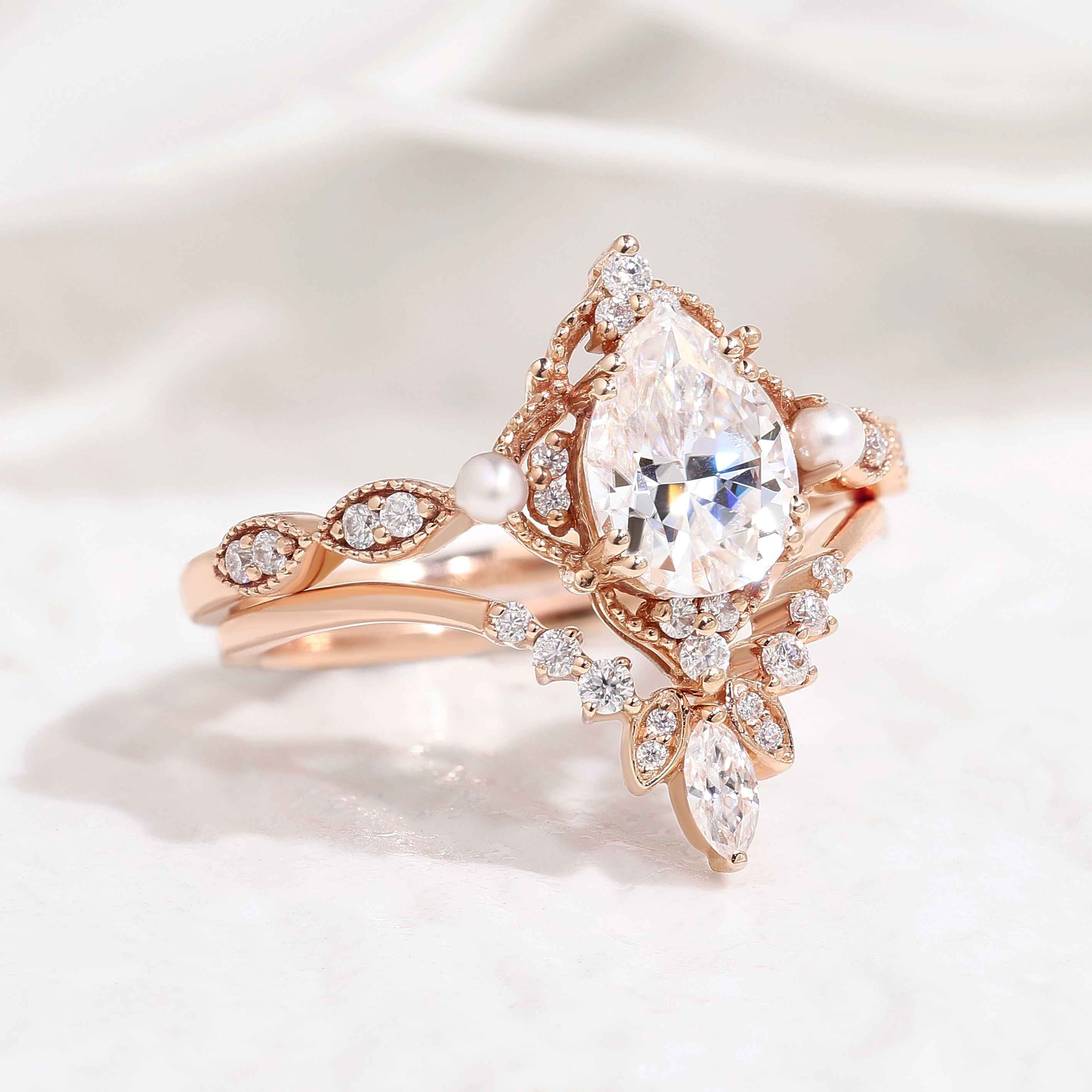 Vintage Pearl and Moissanite Engagement Ring Set Moissanite Cluster Wedding Band