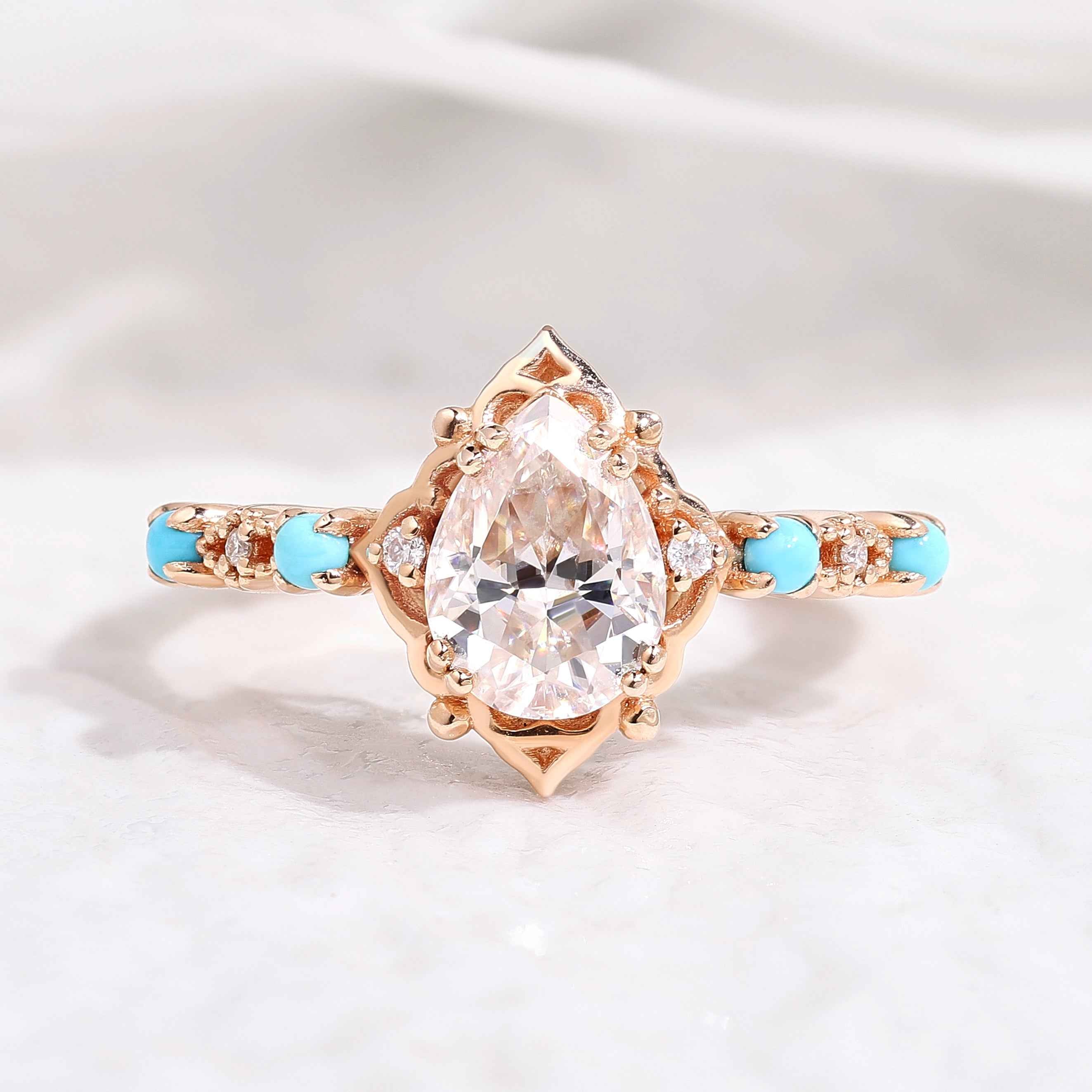 Vintage Pear Cut Moissanite Engagement Ring Turquoise Wedding Band