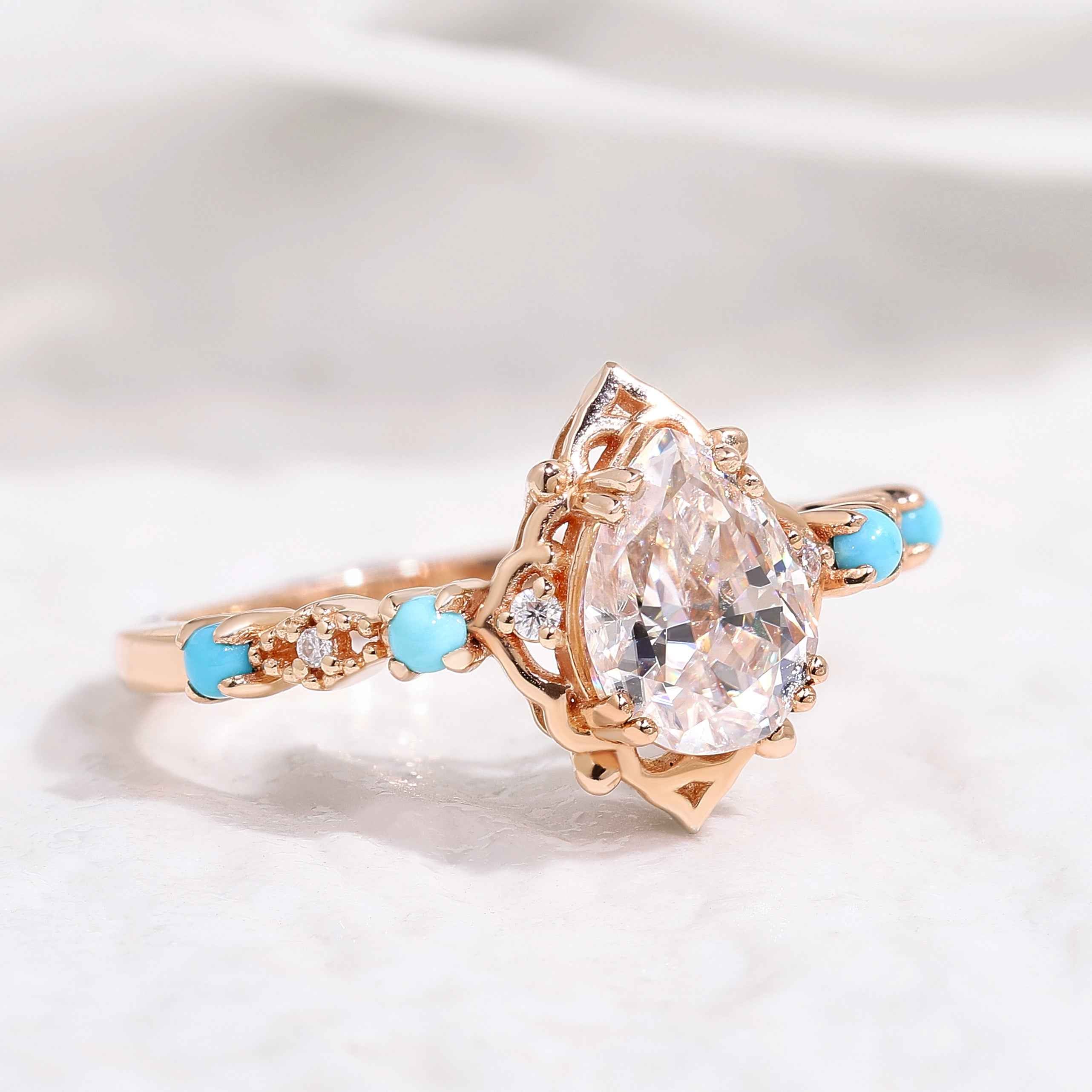 Vintage Pear Cut Moissanite Engagement Ring Turquoise Wedding Band