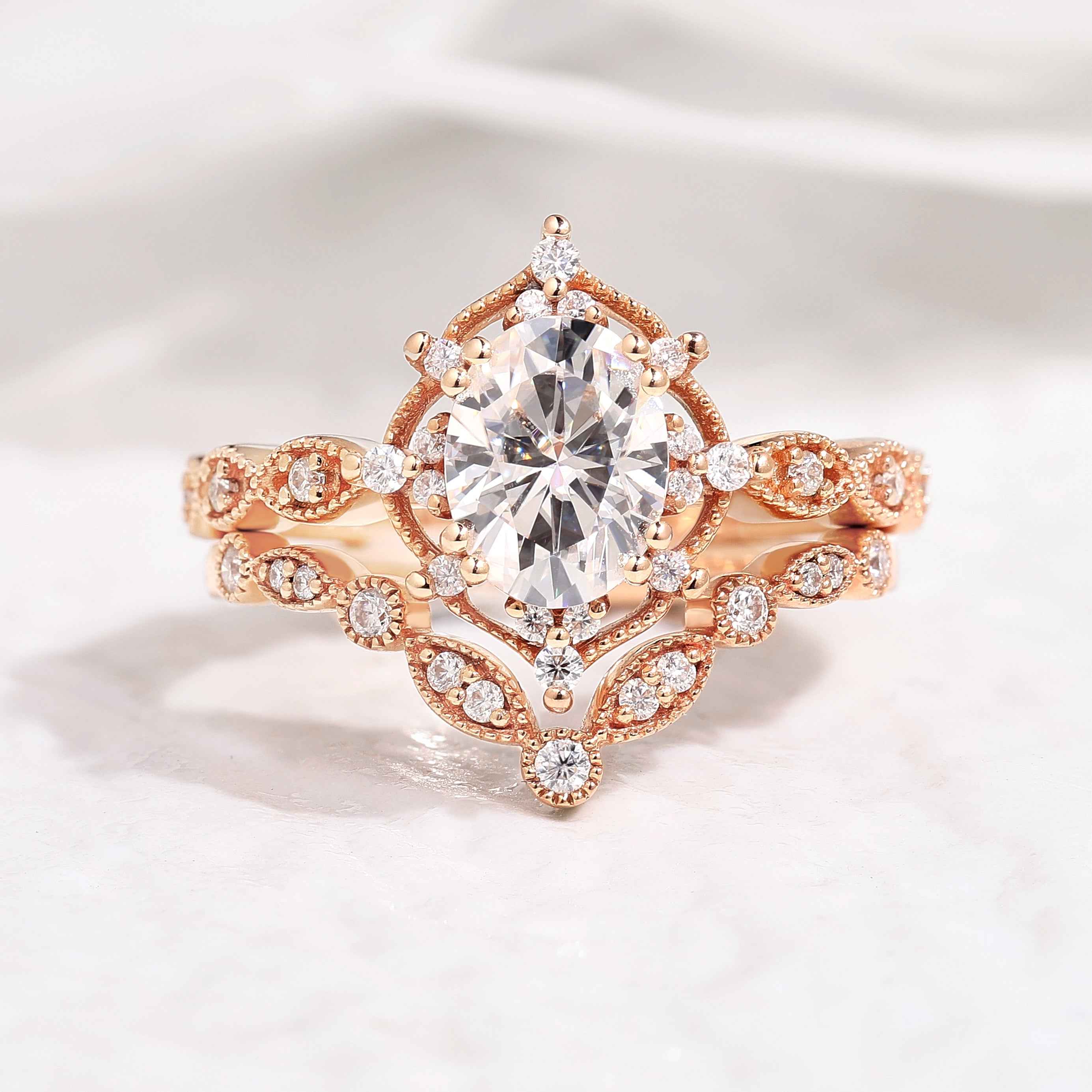 Oval Rose Gold Moissanite Crown Engagement Ring Promise Bridal Ring Set