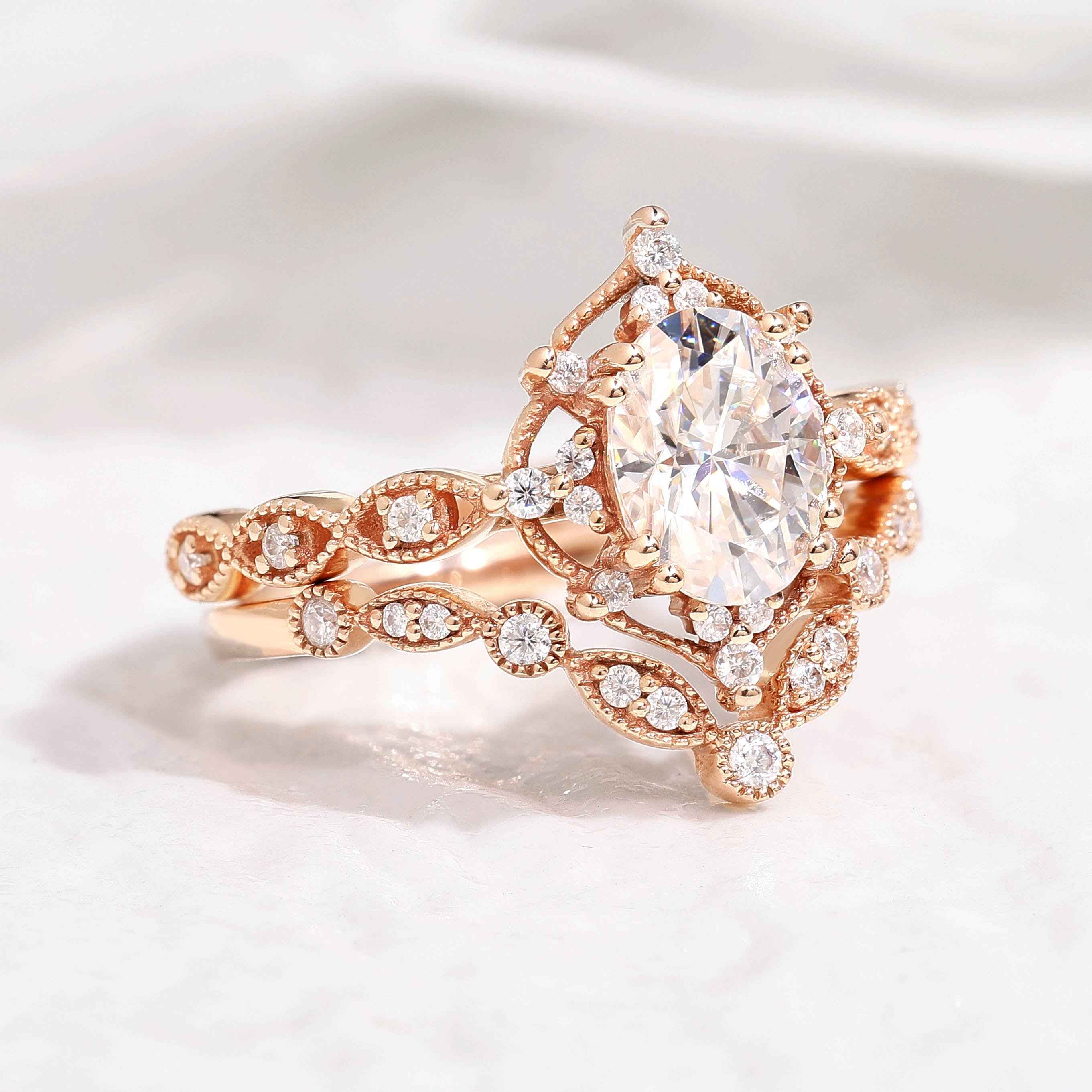 Oval Rose Gold Moissanite Crown Engagement Ring Promise Bridal Ring Set