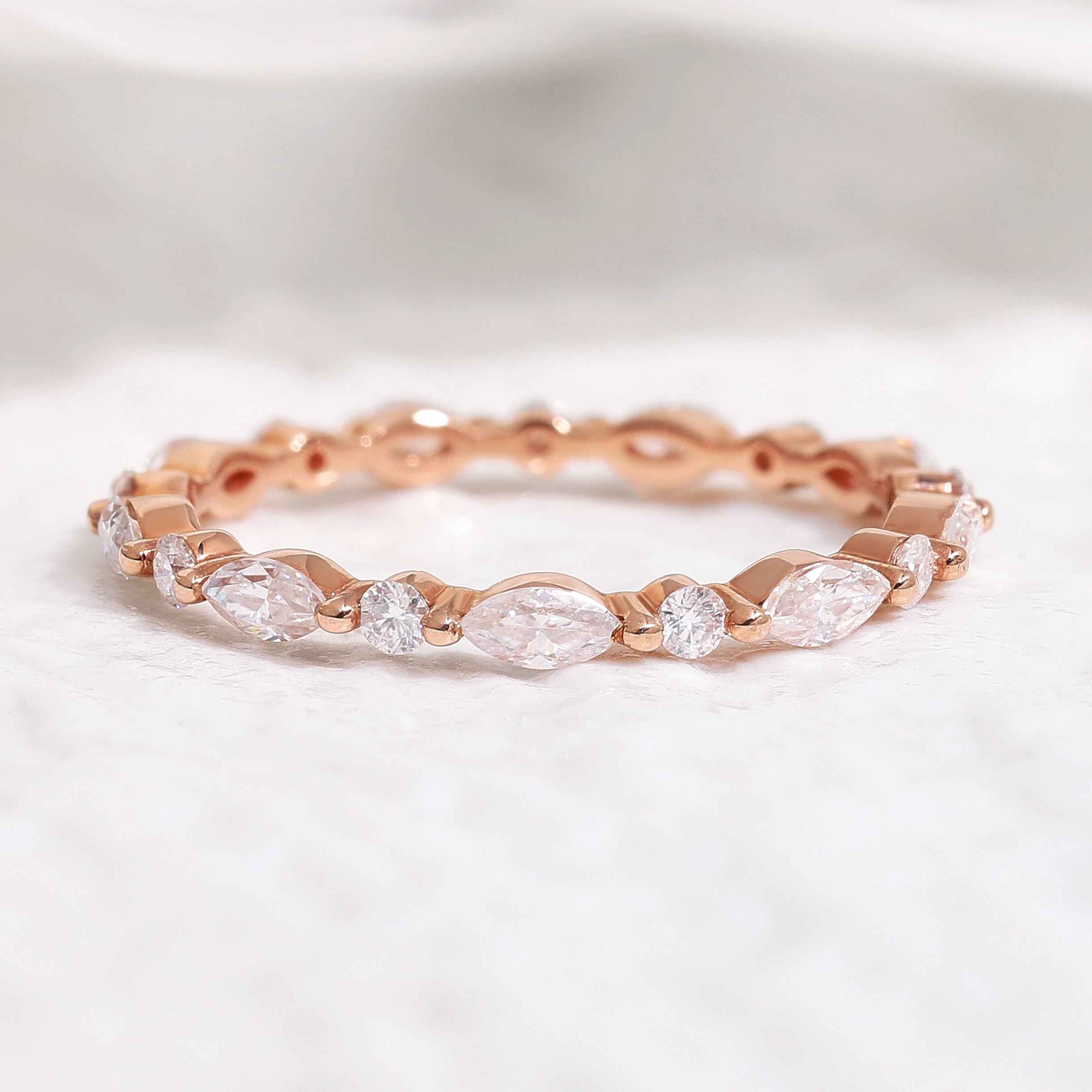 Minimalist Marquise Mossianite Wedding Band Rose Gold Promise Ring