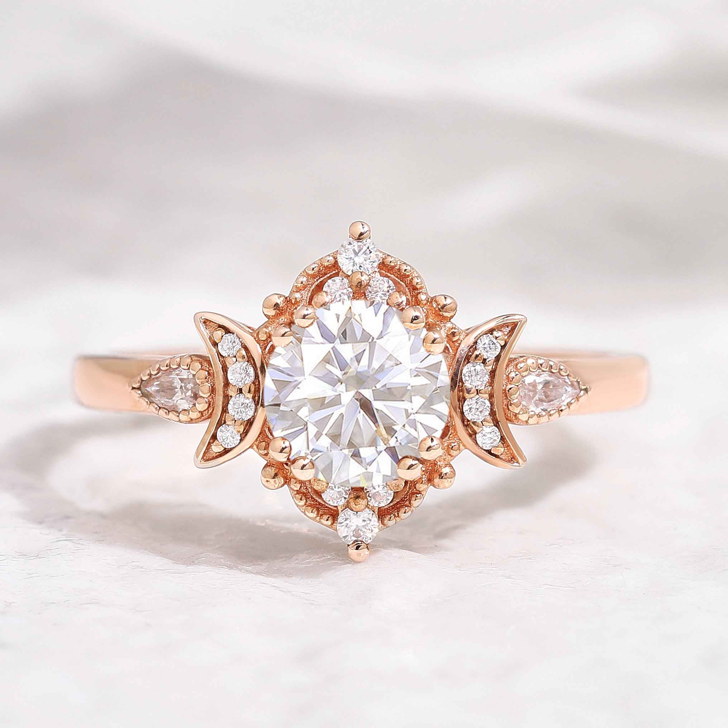 Unique Design Round Moissanite Engagement Ring With 2 Moons