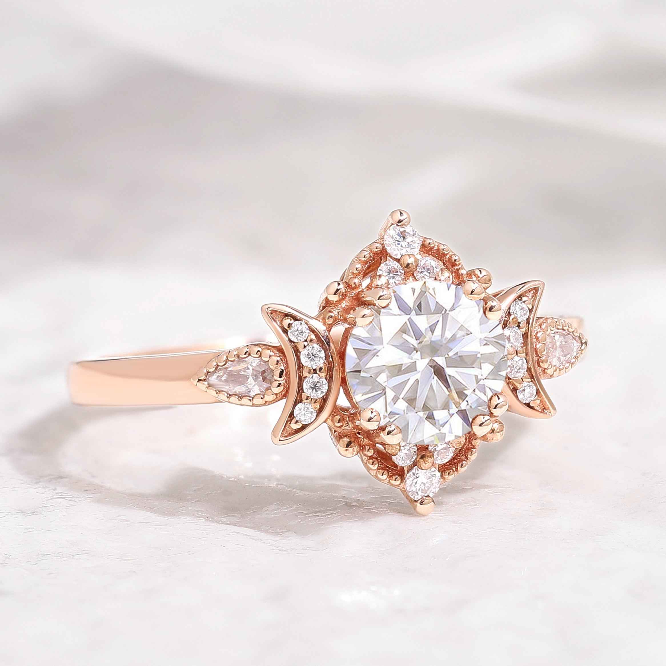 Unique Design Round Moissanite Engagement Ring With 2 Moons