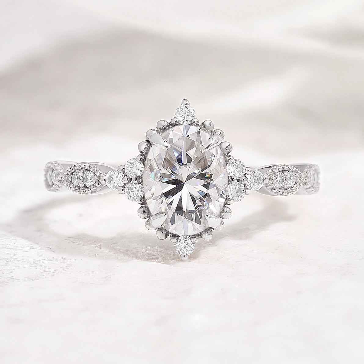 Vintage Oval Shaped Moissanite Engagement Ring Moissanite Cluster
