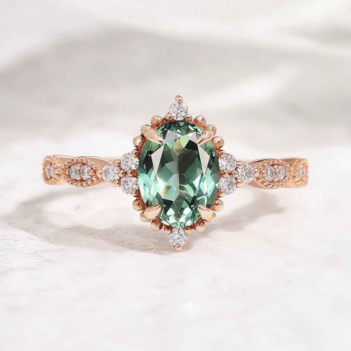 Vintage Oval Cut Lab Green Sapphire Promise Ring