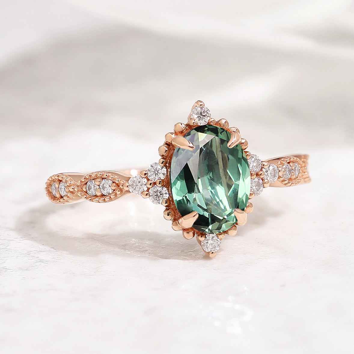 Vintage Oval Cut Lab Green Sapphire Promise Ring
