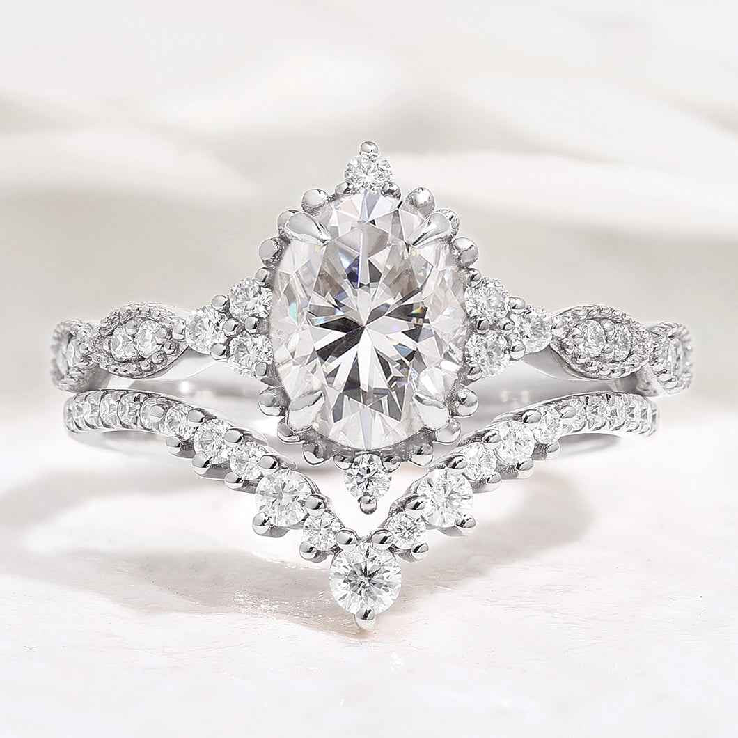 Oval Cut Moissanite Engagement Ring Set V Shaped Moissanite Wedding Band