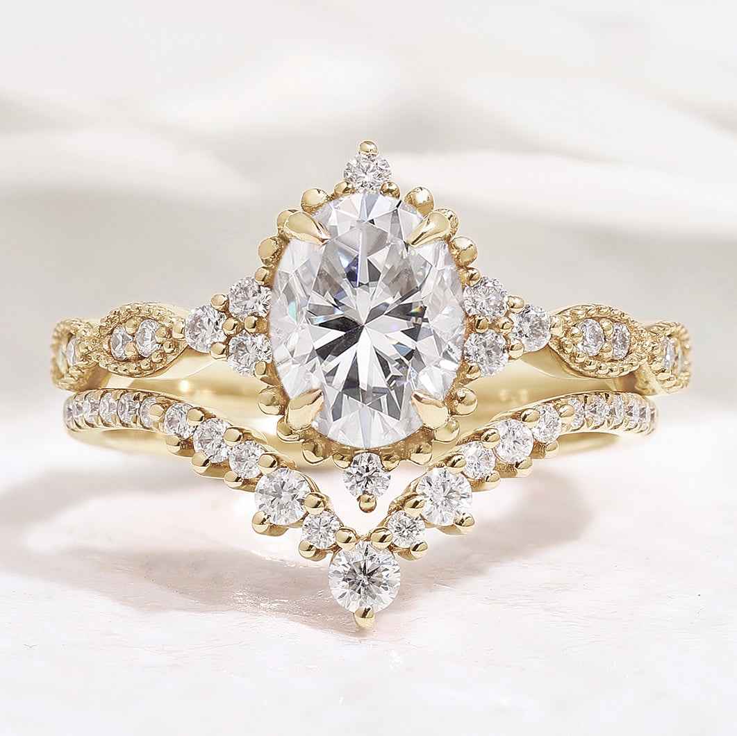 Oval Cut Moissanite Engagement Ring Set V Shaped Moissanite Wedding Band