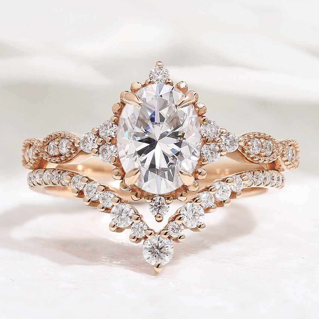 Vintage Oval Cut Moissanite Engagement Bridal Set Chevron Wedding Ring
