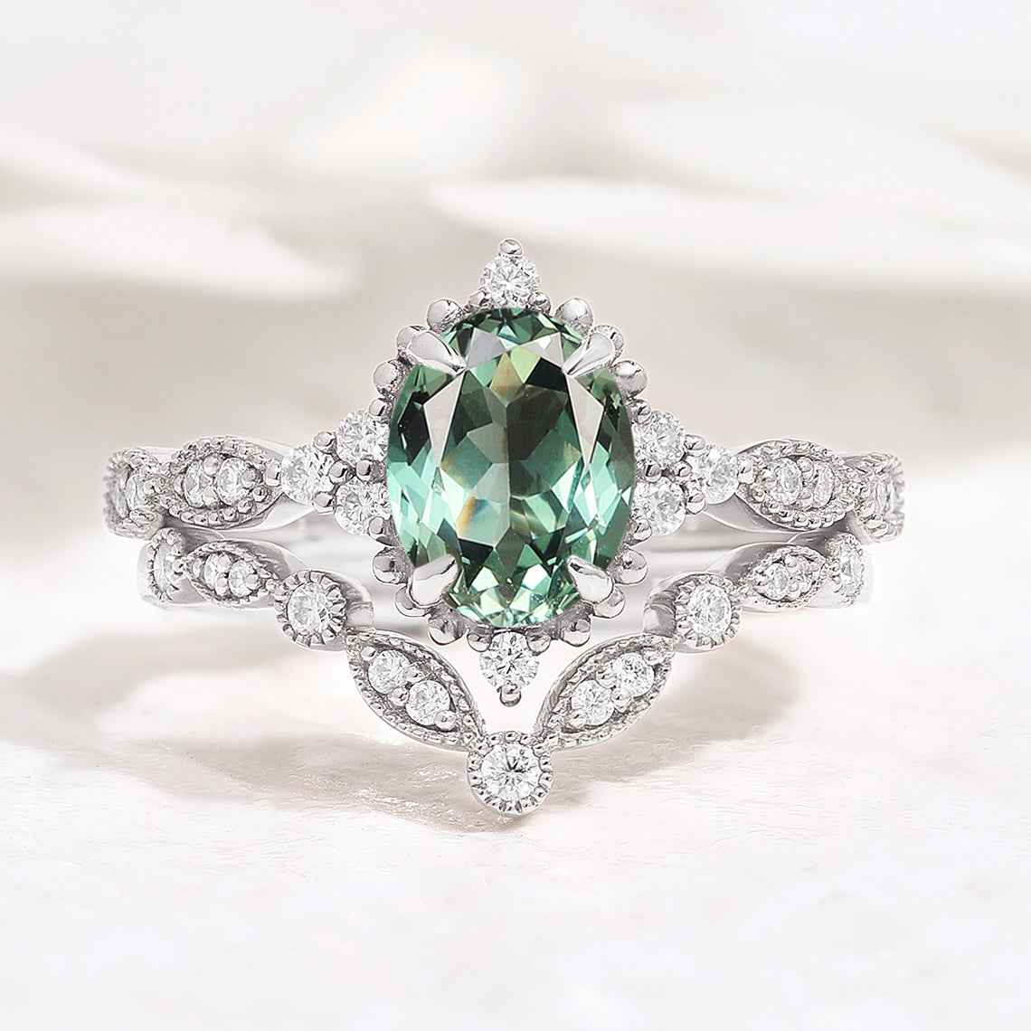 Oval Cut Lab Green Sapphire Engagement Ring Set V Shaped Wedding Band 2pcs