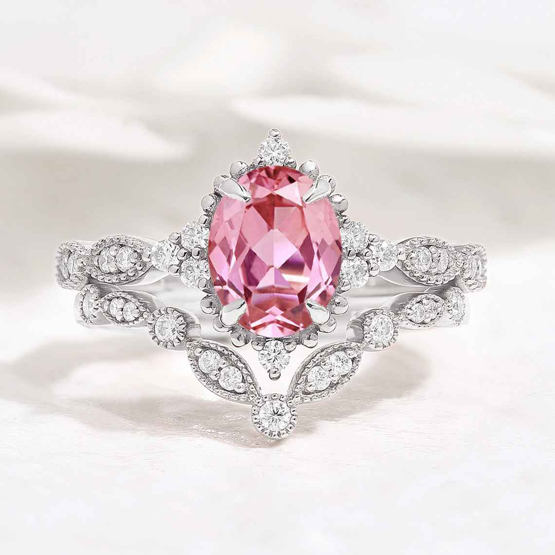 Oval Cut Lab Pink Sapphire Affordable Wedding Ring Set 2pcs