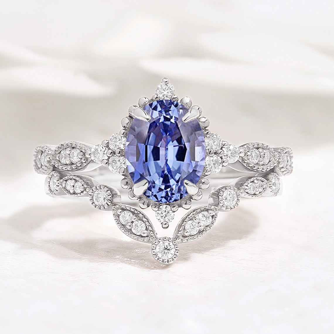 Oval Cut Lab Blue Sapphire Minimalist Engagement Ring 2pcs