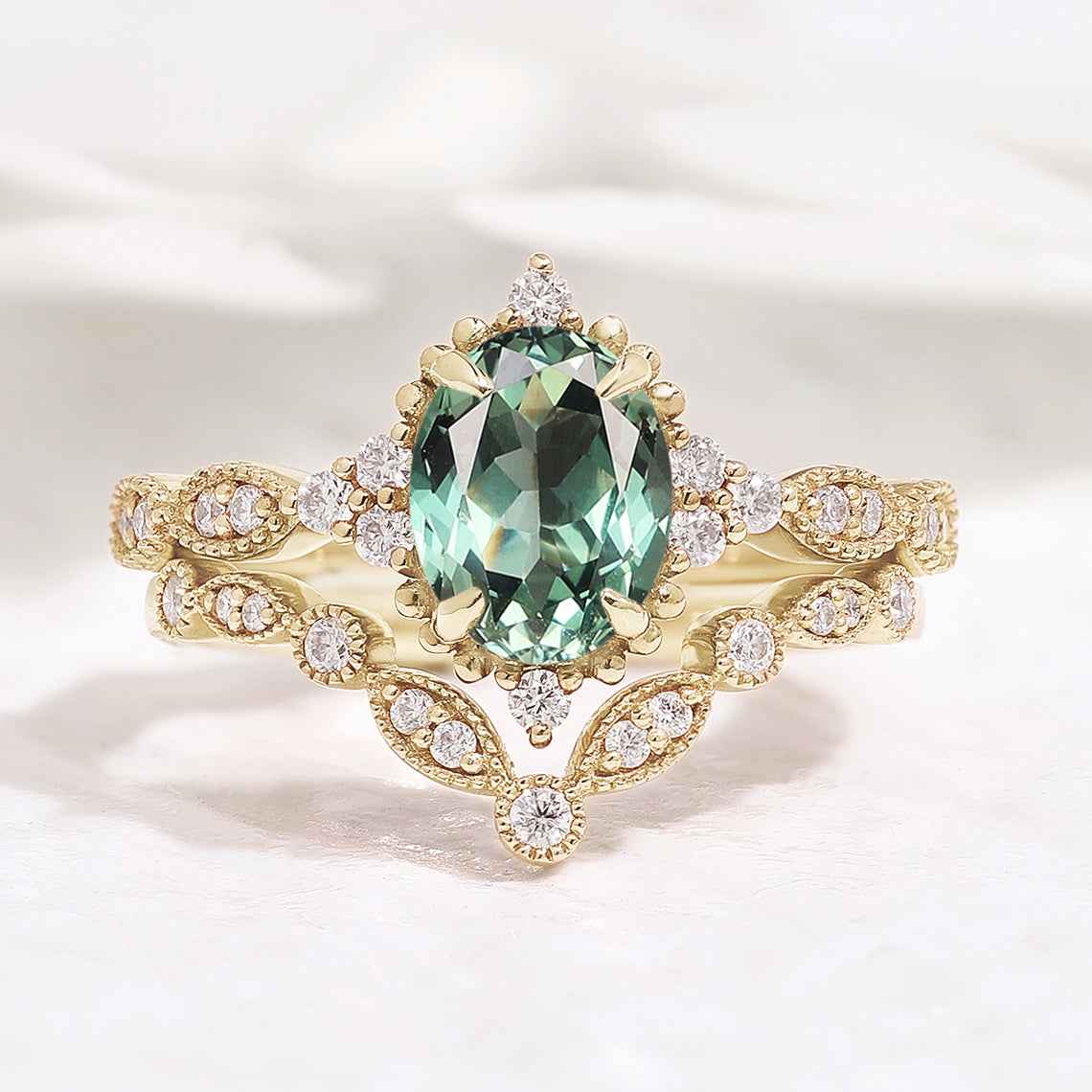 Oval Cut Lab Green Sapphire Engagement Ring Set V Shaped Wedding Band 2pcs