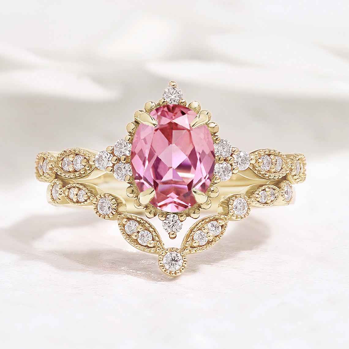 Oval Cut Lab Pink Sapphire Affordable Wedding Ring Set 2pcs