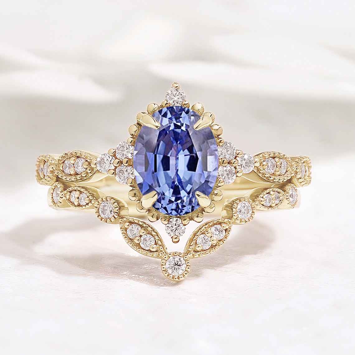 Oval Cut Lab Blue Sapphire Minimalist Engagement Ring 2pcs