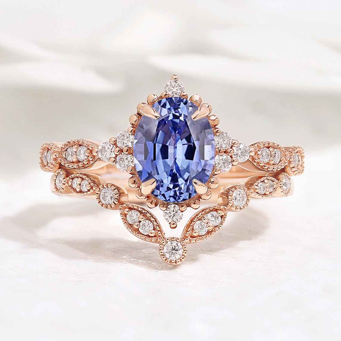 Oval Cut Lab Blue Sapphire Minimalist Engagement Ring 2pcs