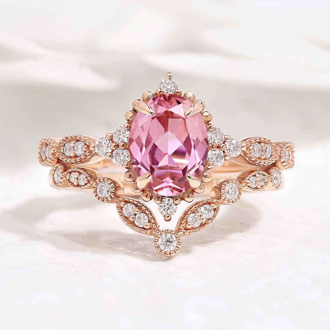 Oval Cut Lab Pink Sapphire Affordable Wedding Ring Set 2pcs