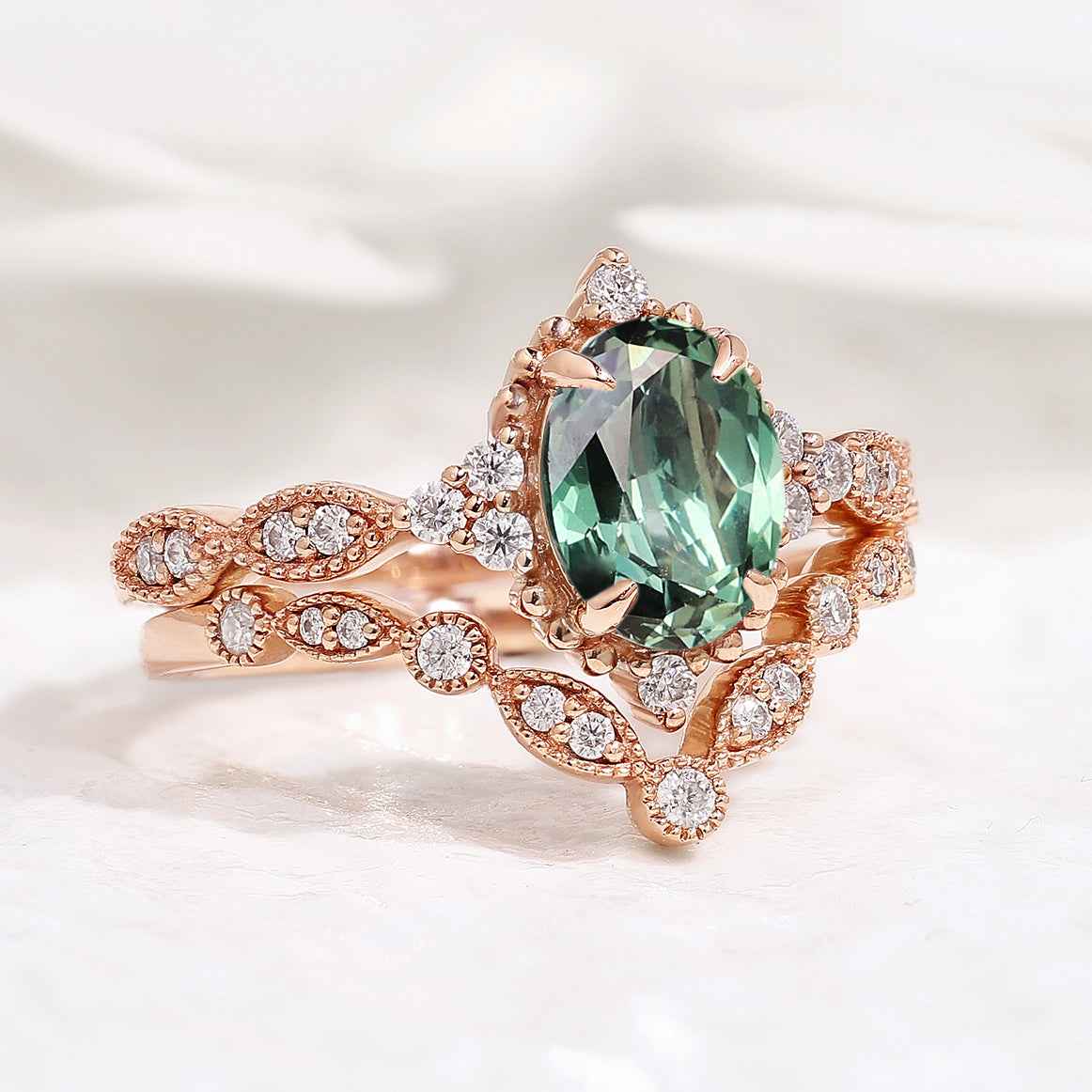 Oval Cut Lab Green Sapphire Engagement Ring Set V Shaped Wedding Band 2pcs