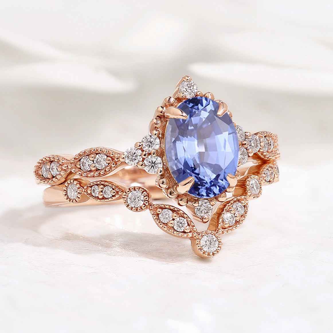 Oval Cut Lab Blue Sapphire Minimalist Engagement Ring 2pcs