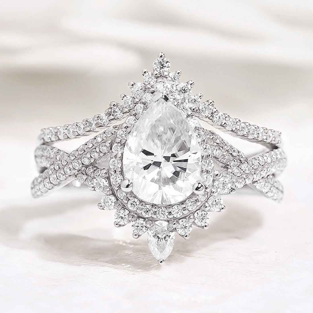 Unique Pear Cut Halo Infinity Twisted Moissanite Ring Bridal Set 2pcs