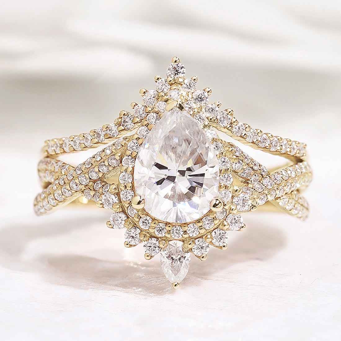 Unique Pear Cut Halo Infinity Twisted Moissanite Ring Bridal Set 2pcs