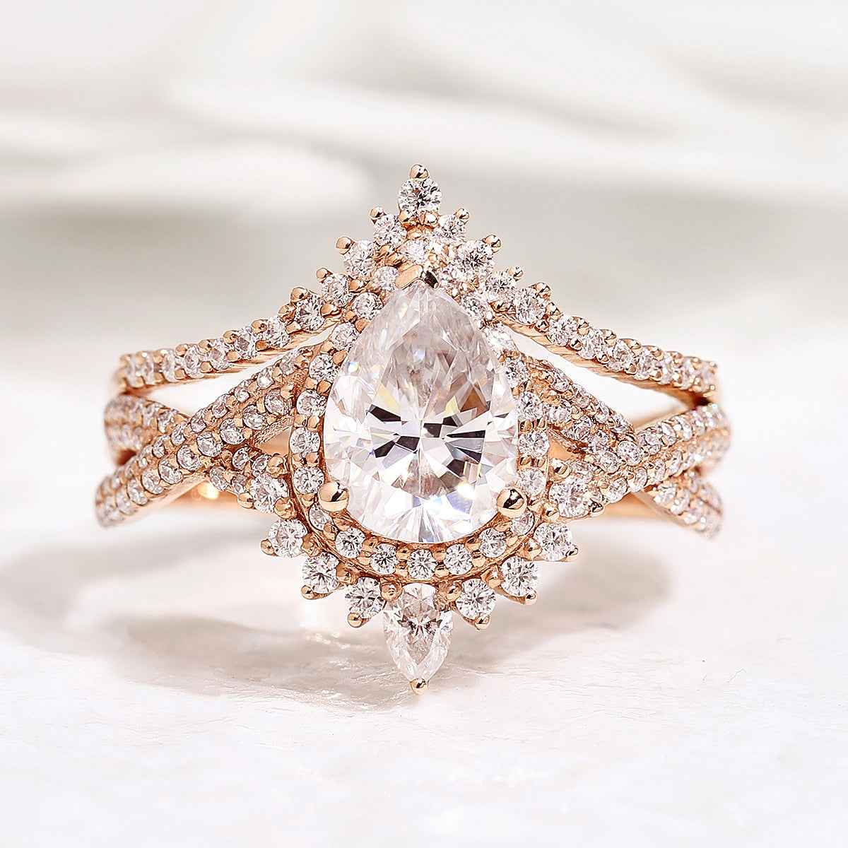 Unique Pear Cut Halo Infinity Twisted Moissanite Ring Bridal Set 2pcs
