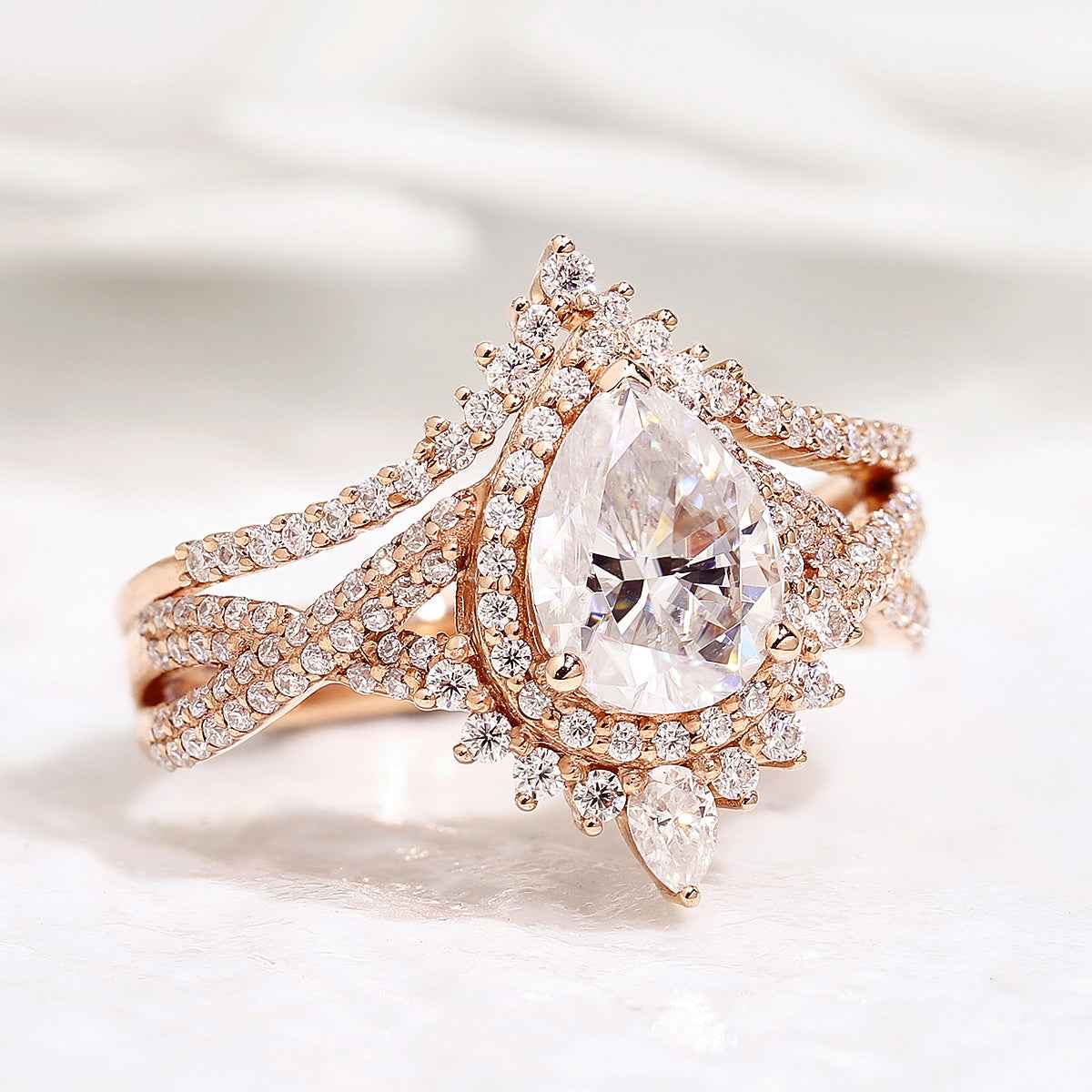 Unique Pear Cut Halo Infinity Twisted Moissanite Ring Bridal Set 2pcs