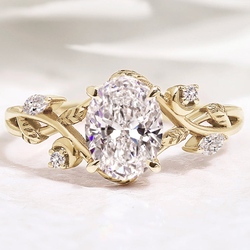 Gold Oval Diamond Leaf Engagement Ring