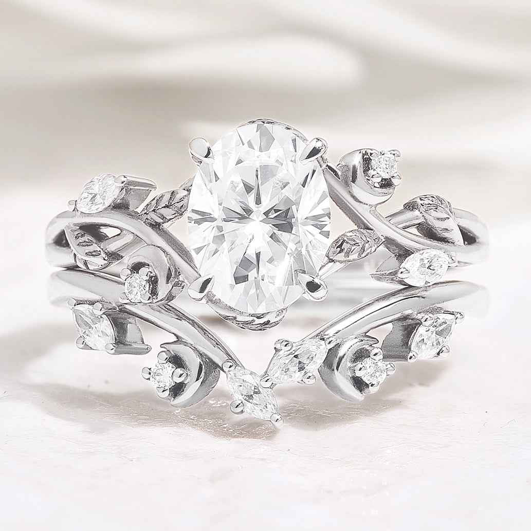Nature Inspired Leaf Oval Moissanite Engagement Ring Set Moon Shaped Wedding Band