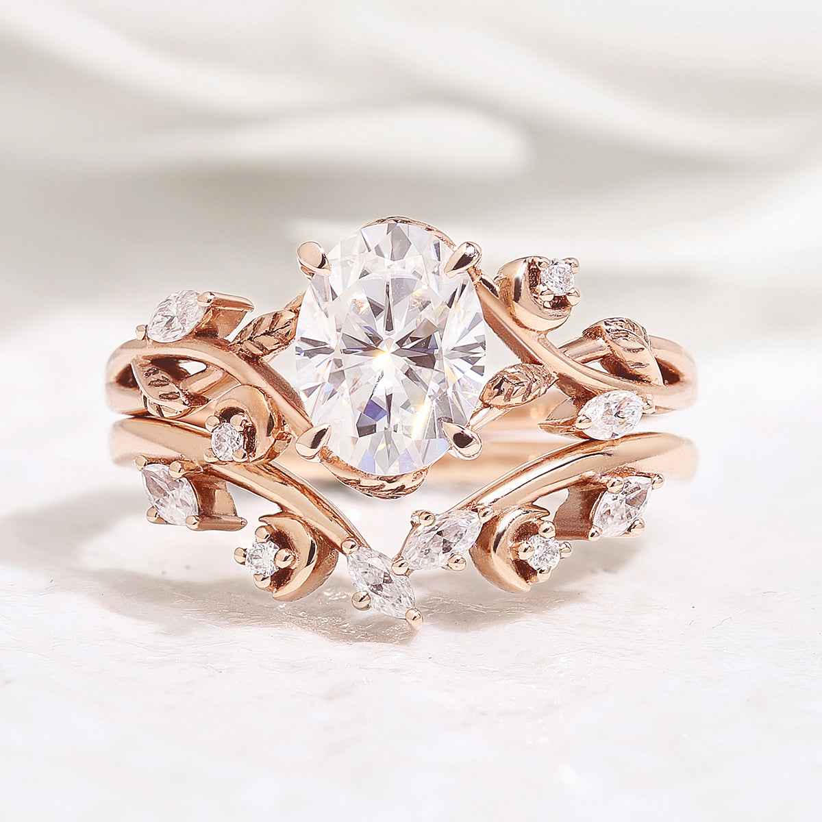 Nature Inspired Leaf Oval Moissanite Engagement Ring Set Moon Shaped Wedding Band
