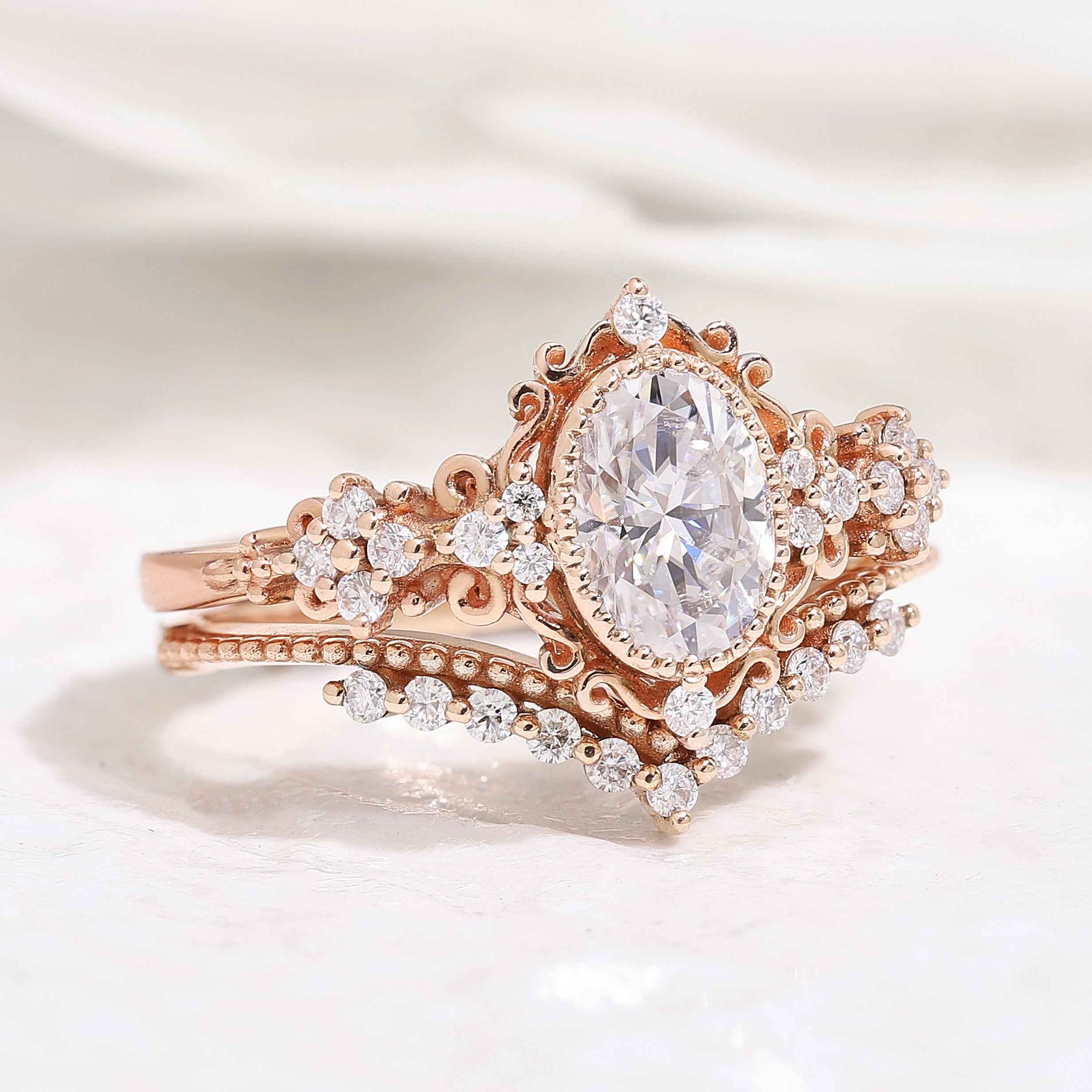 Signature Vintage Oval Cut Moissanite Engagement Bridal Set Rings