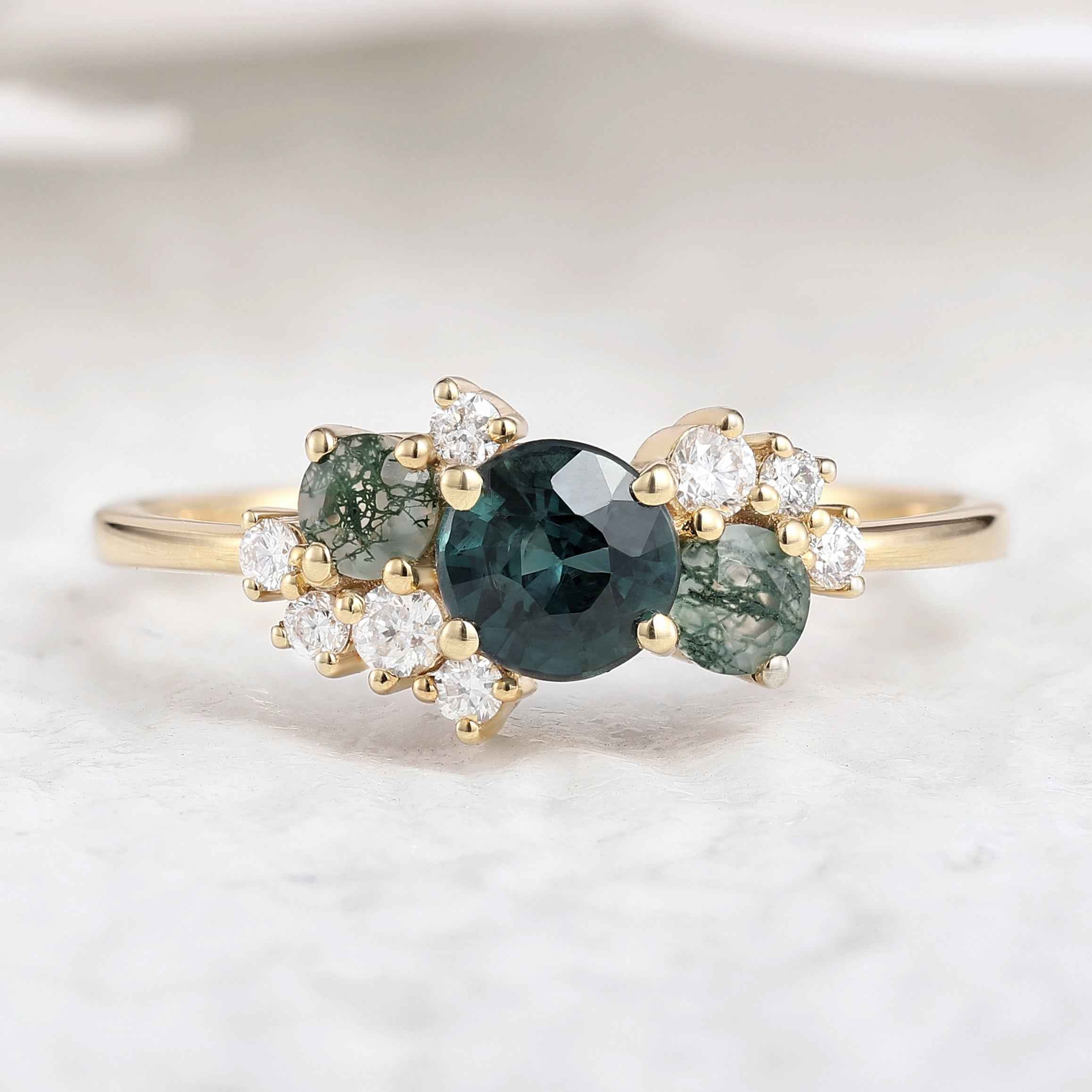 Art Deco Teal Sapphire Engagement Ring With Moss Agate And Moissainte