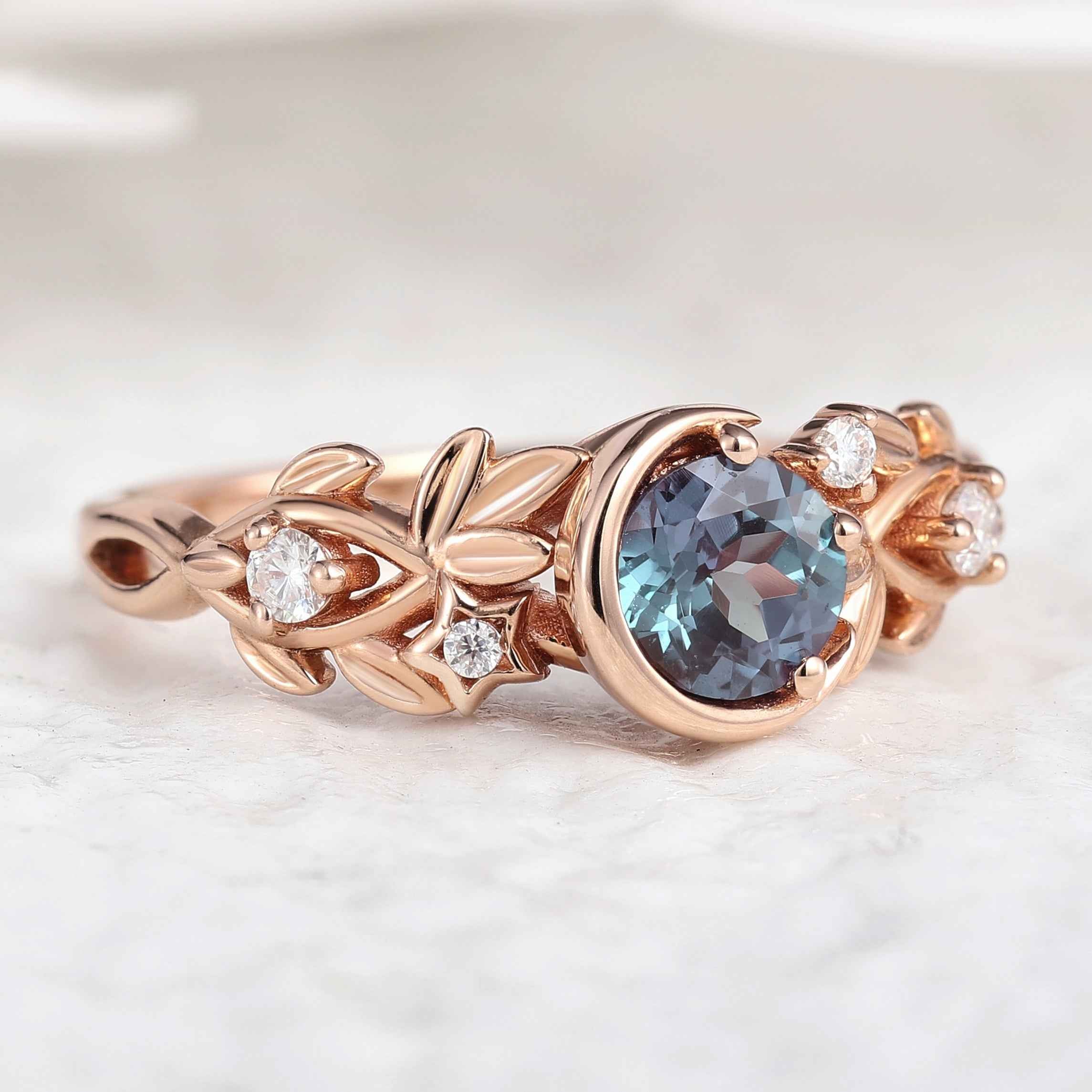 Vintage Alexandrite Engagement Ring Leaf Floral Custom Promoise Ring