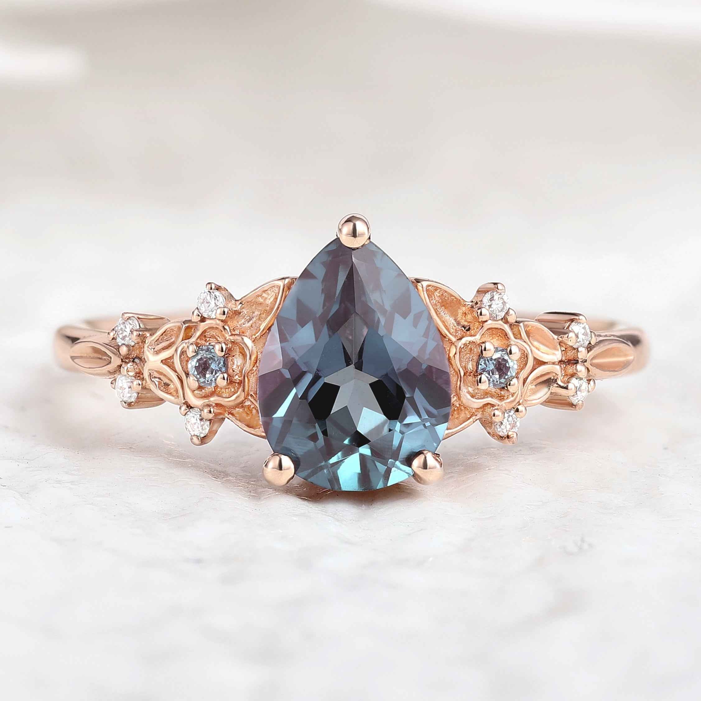 Natural Inspired Ring Floral Alexandrite Engagement Ring Pear Cut Ring