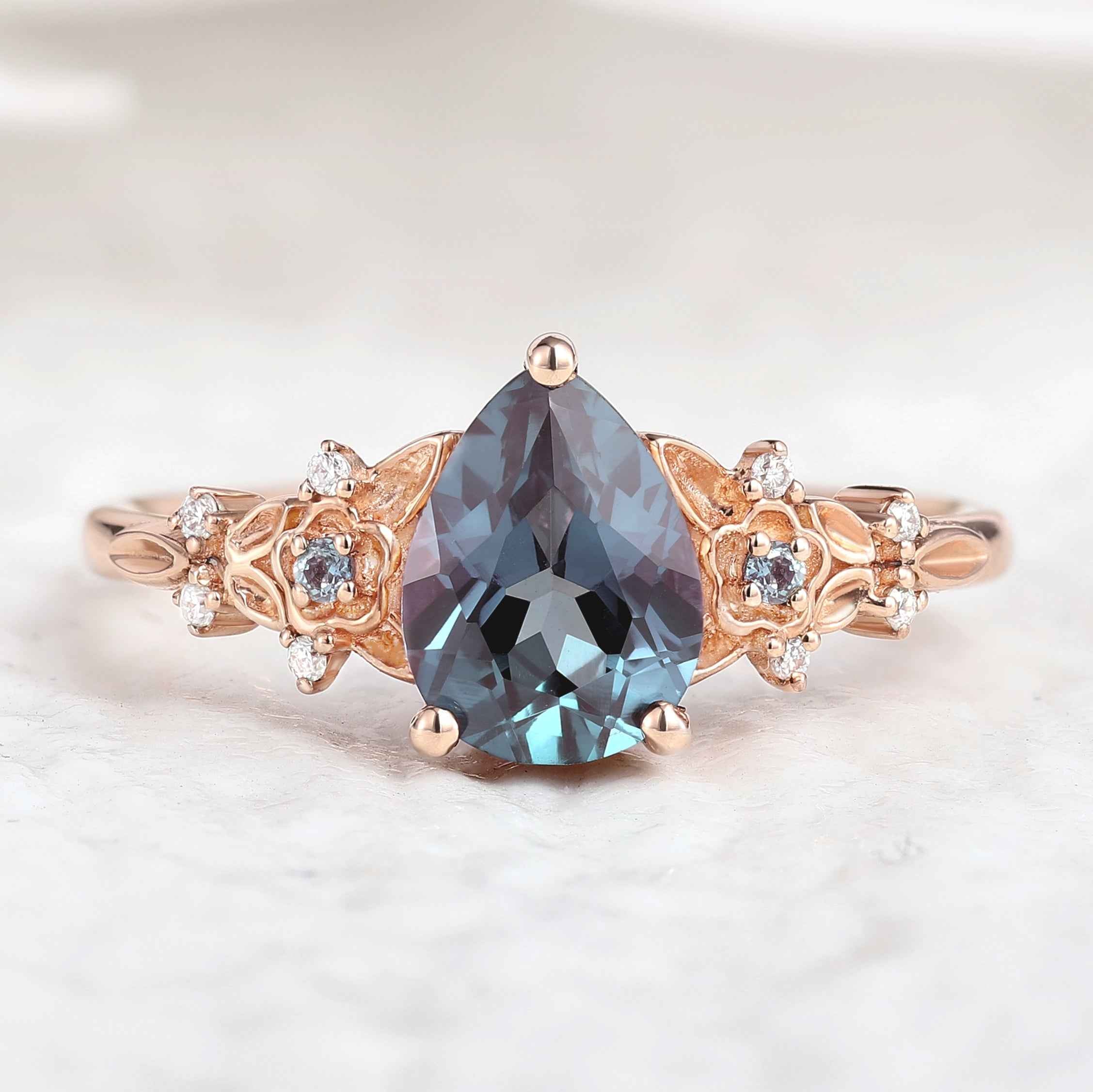Natural Inspired Ring Floral Alexandrite Engagement Ring Pear Cut Ring