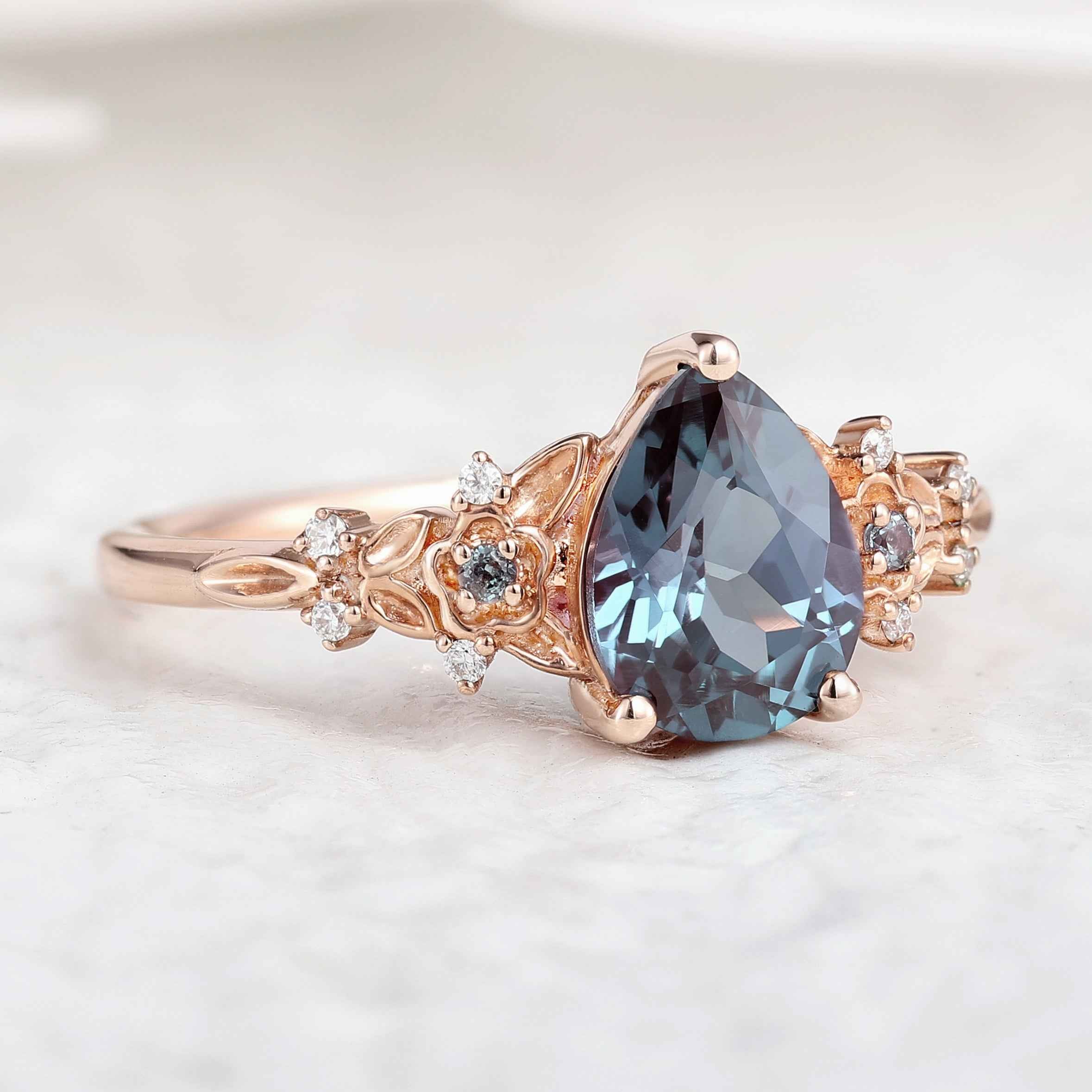Natural Inspired Ring Floral Alexandrite Engagement Ring Pear Cut Ring