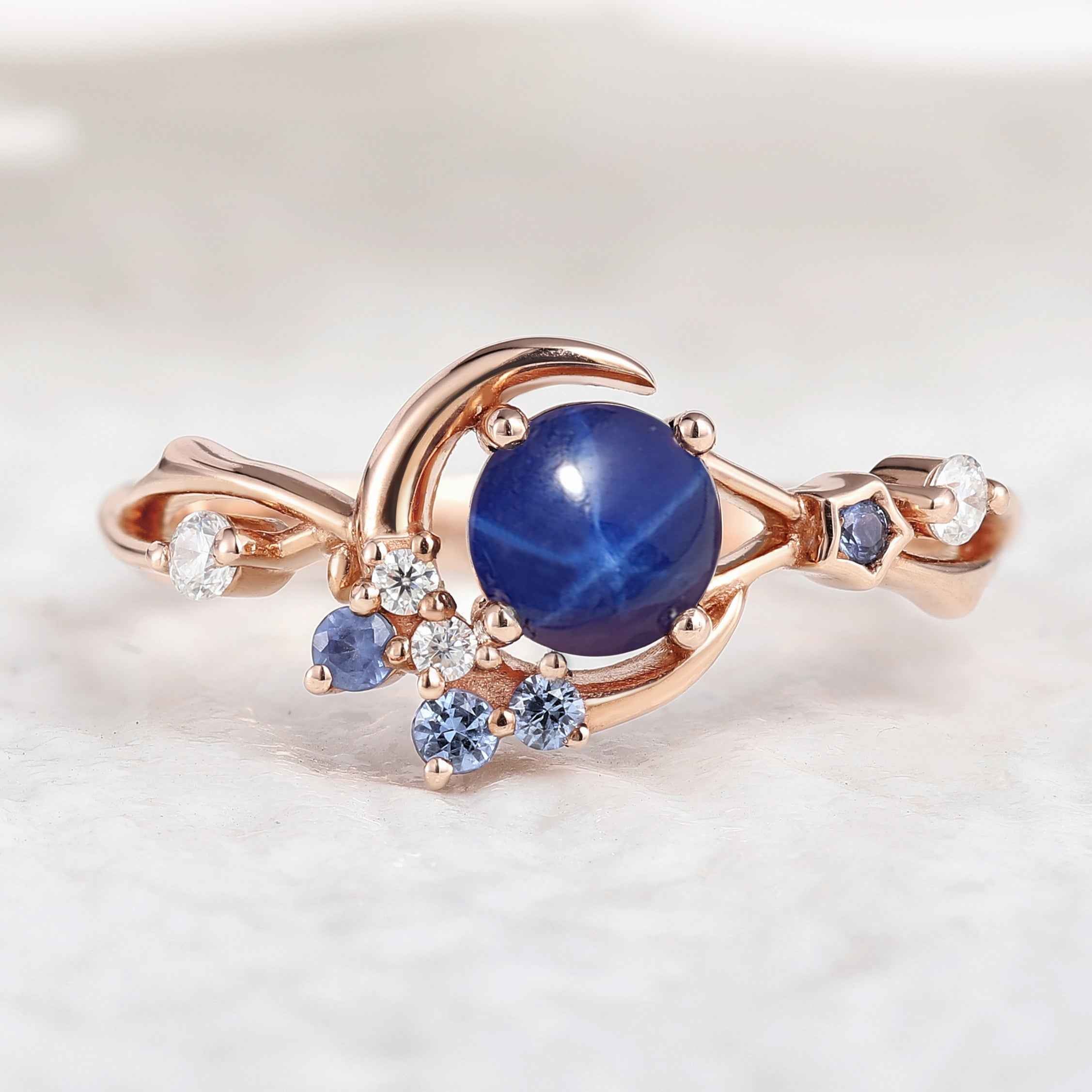 Unique Design Engagement Ring Star Sapphire Moon Star Promise Ring