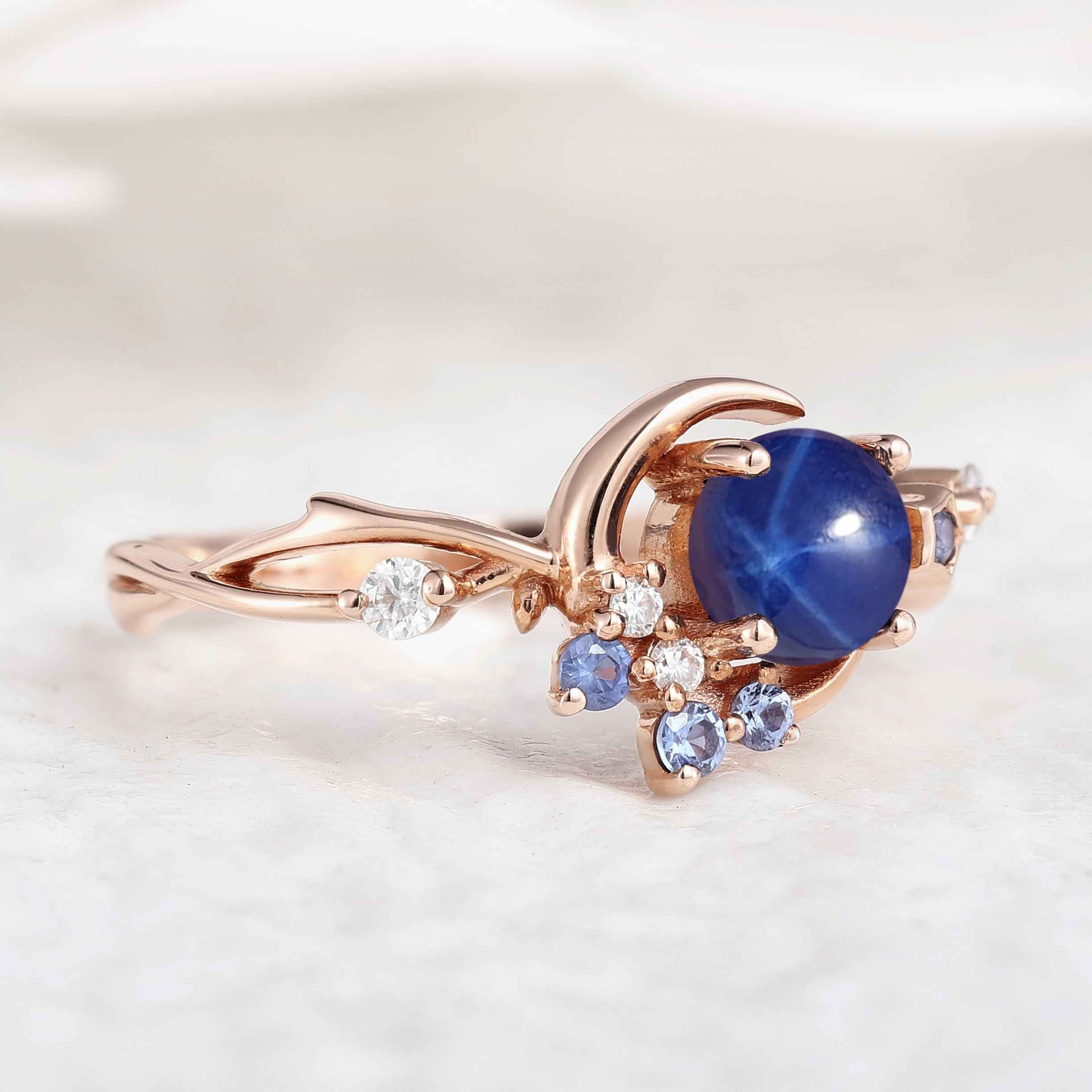 Unique Design Engagement Ring Star Sapphire Moon Star Promise Ring