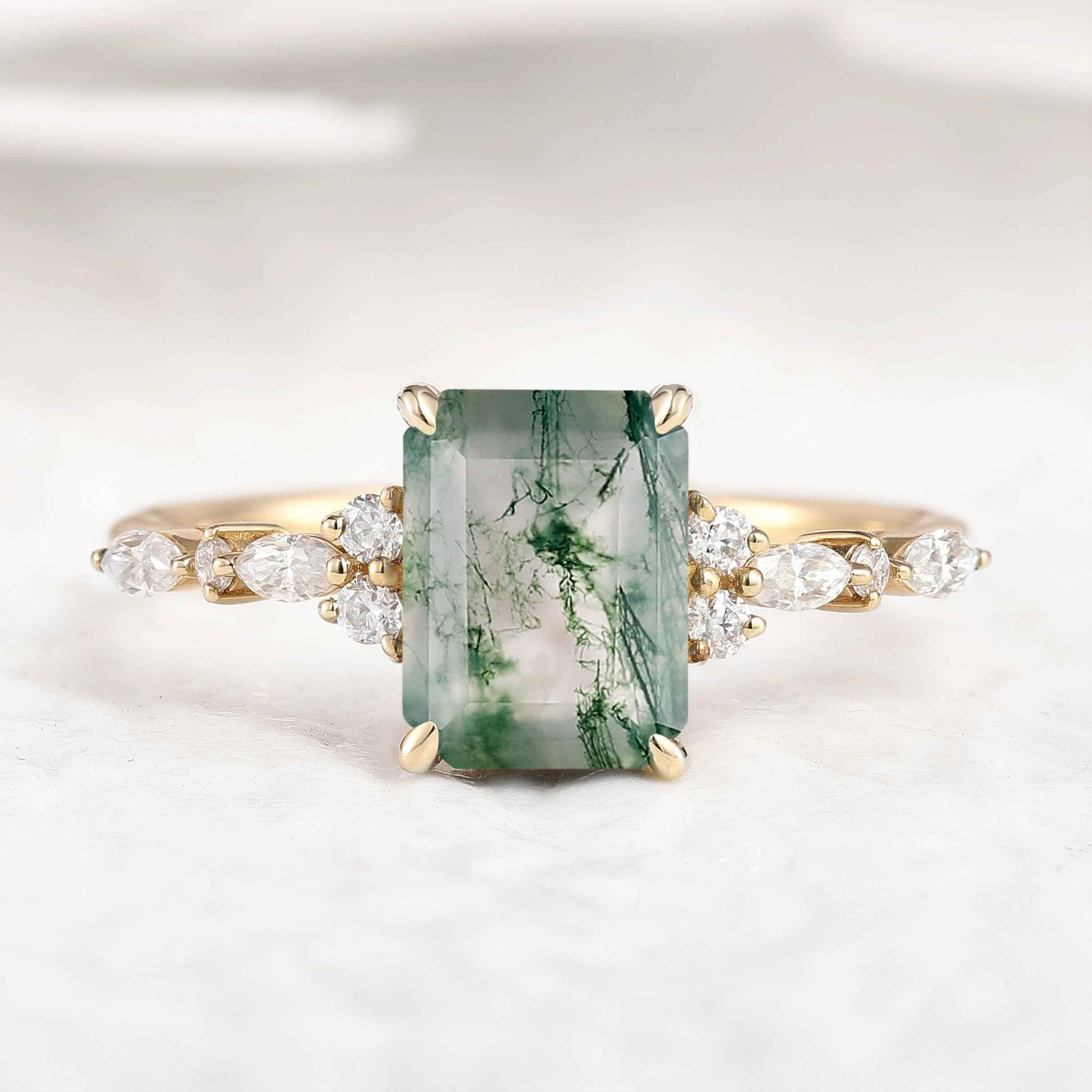 Signautre Vintage Emerald Cut Moss Agate Engagement Ring