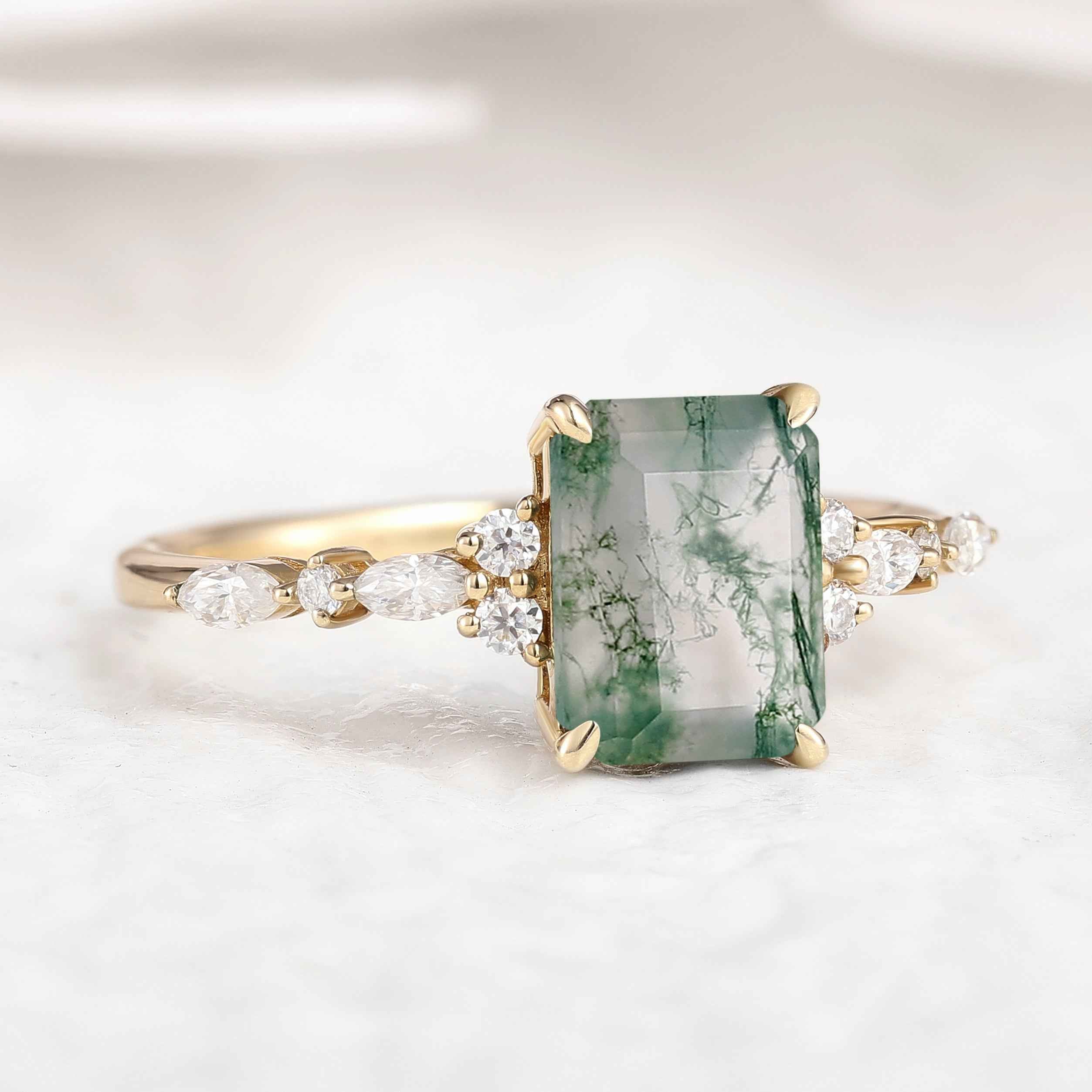 Signautre Vintage Emerald Cut Moss Agate Engagement Ring
