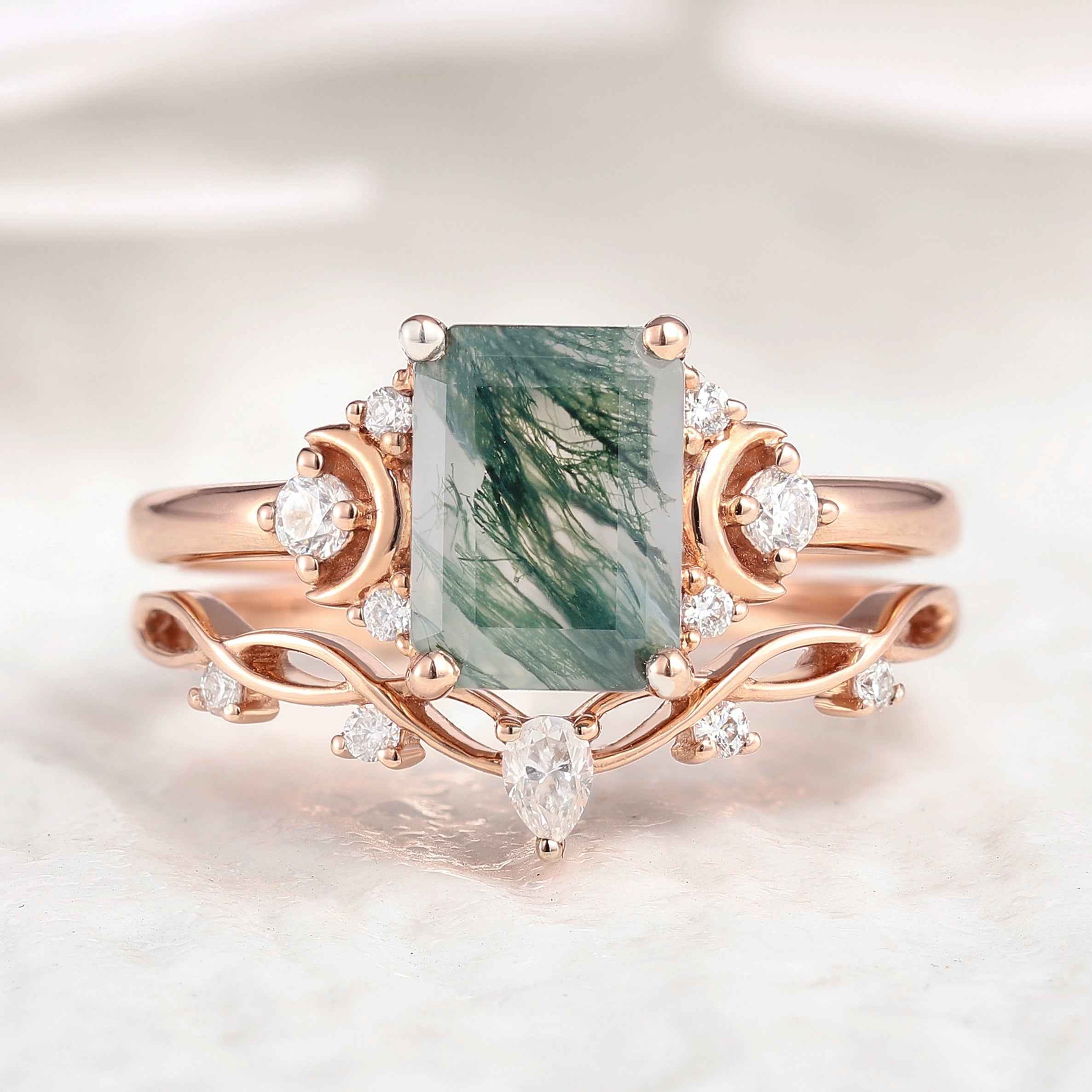 Nature Inspired Emerald Cut Moss Agate Engagement Ring Set With Moon Shaped