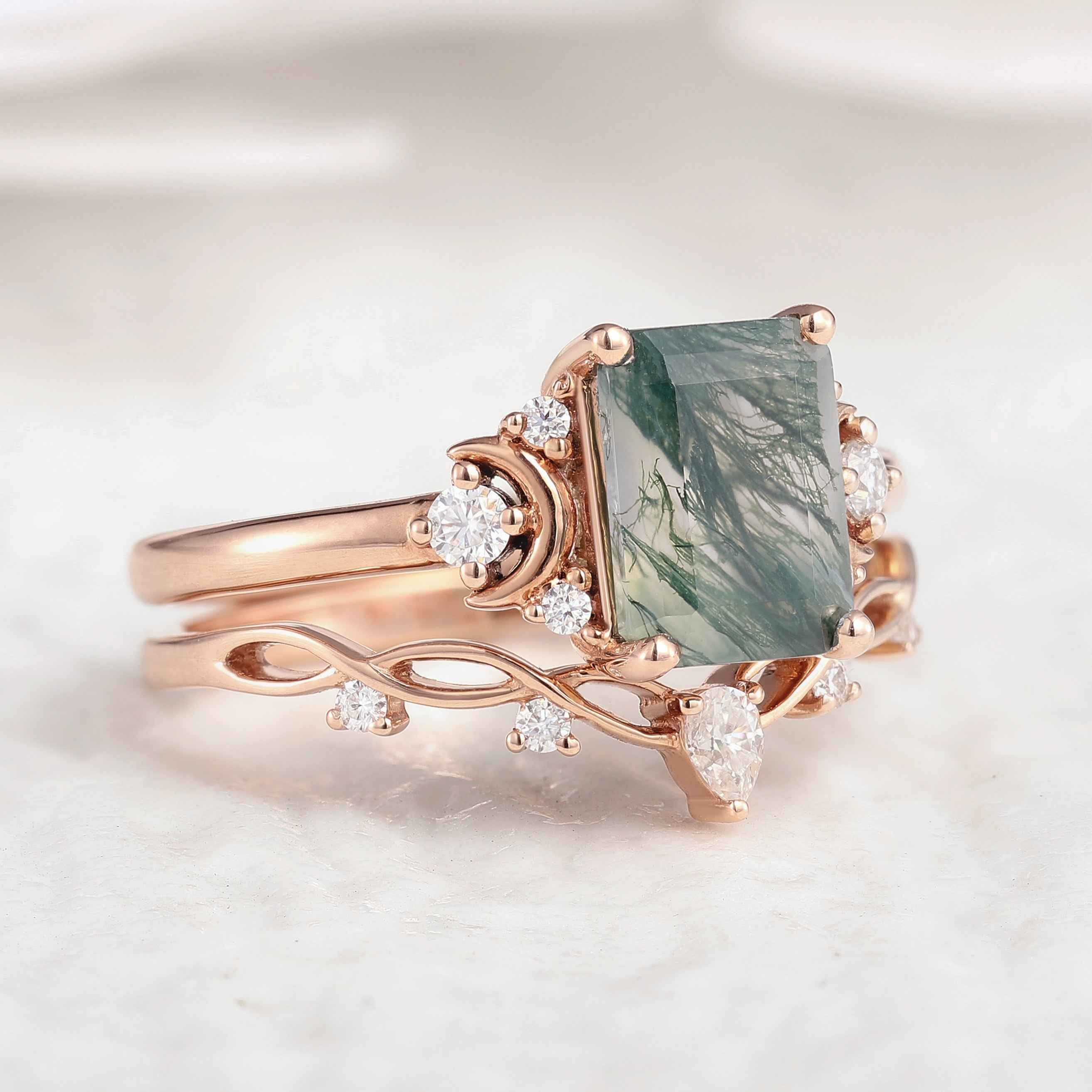 Nature Inspired Emerald Cut Moss Agate Engagement Ring Set With Moon Shaped