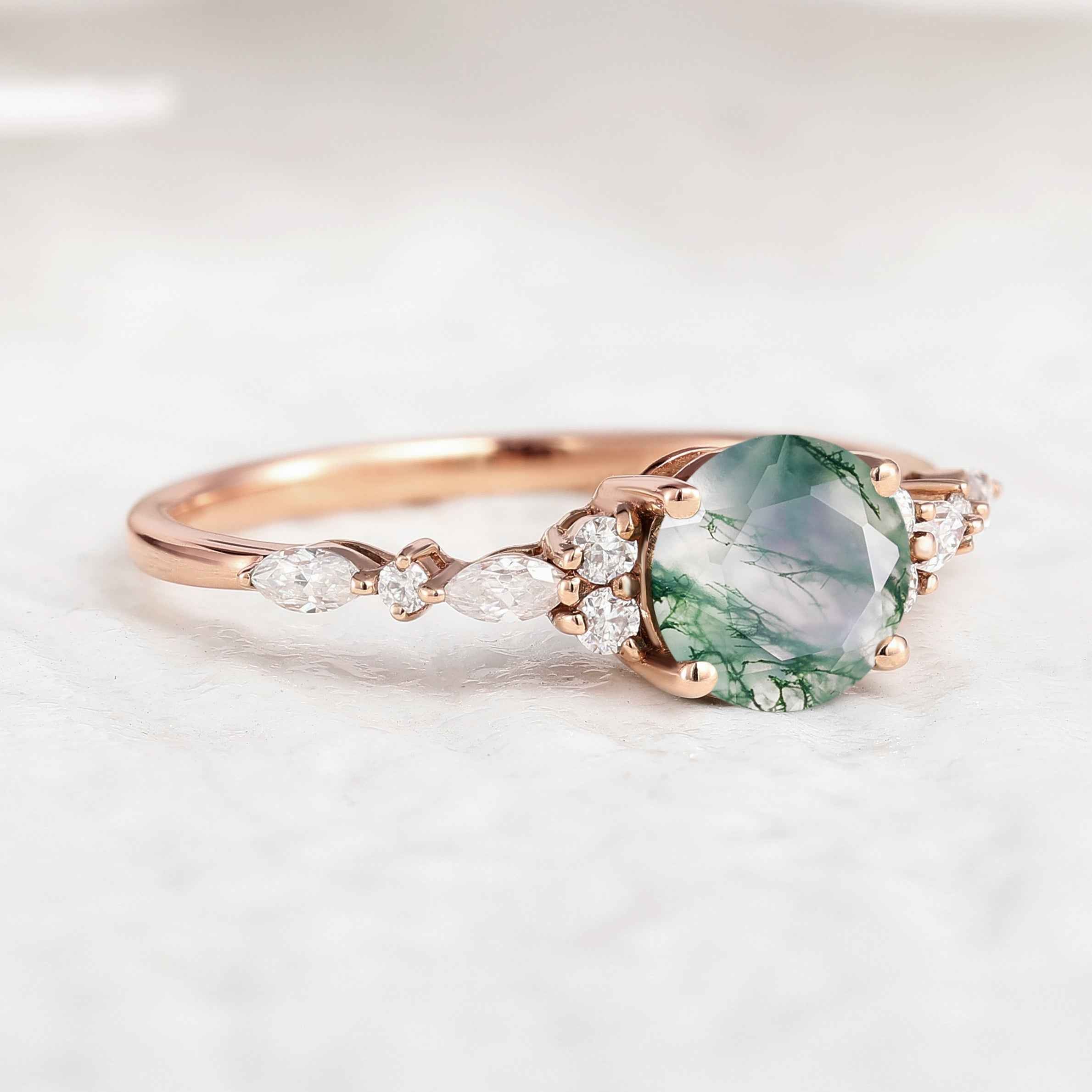 Unique Round Moss Agate Engagement Ring Handmade Ring